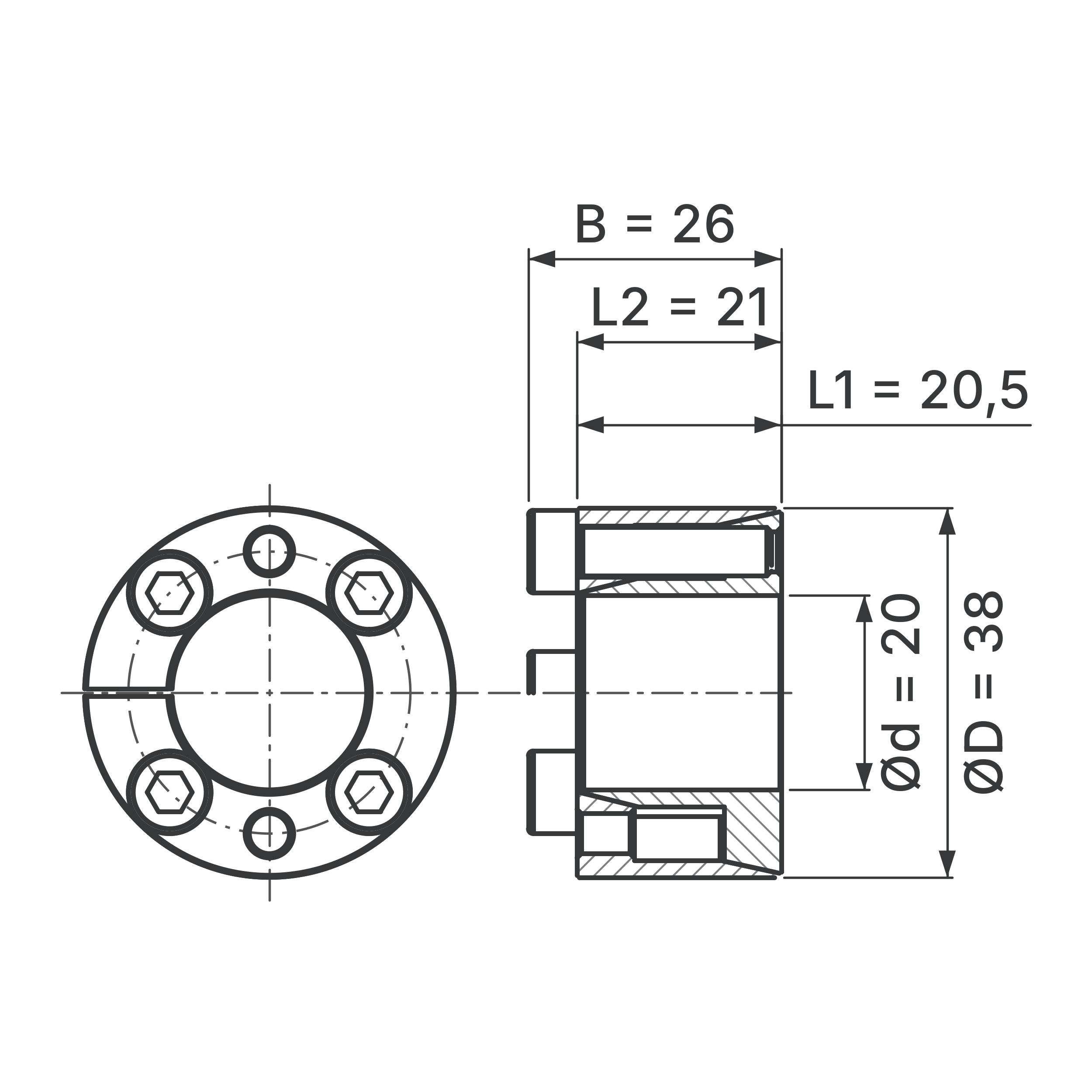 Maßskizze Spannsatz STW71-20x38: Wellen-Ø d, Außen-Ø D, L1, L2, B in mm, schematisch