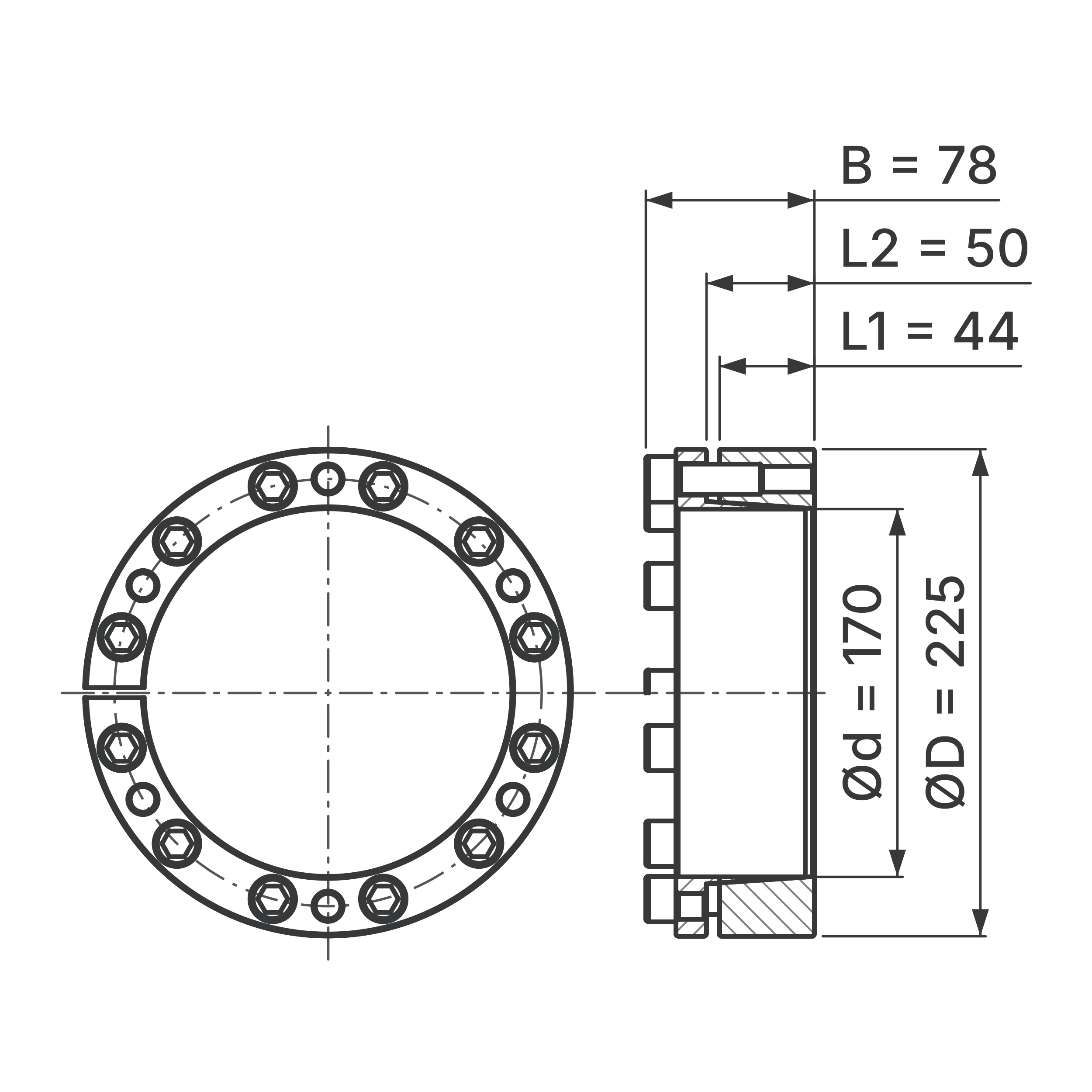 Maßskizze Spannsatz STW98-170x225: Wellen-Ø d, Außen-Ø D, L1, L2, B in mm, schematisch