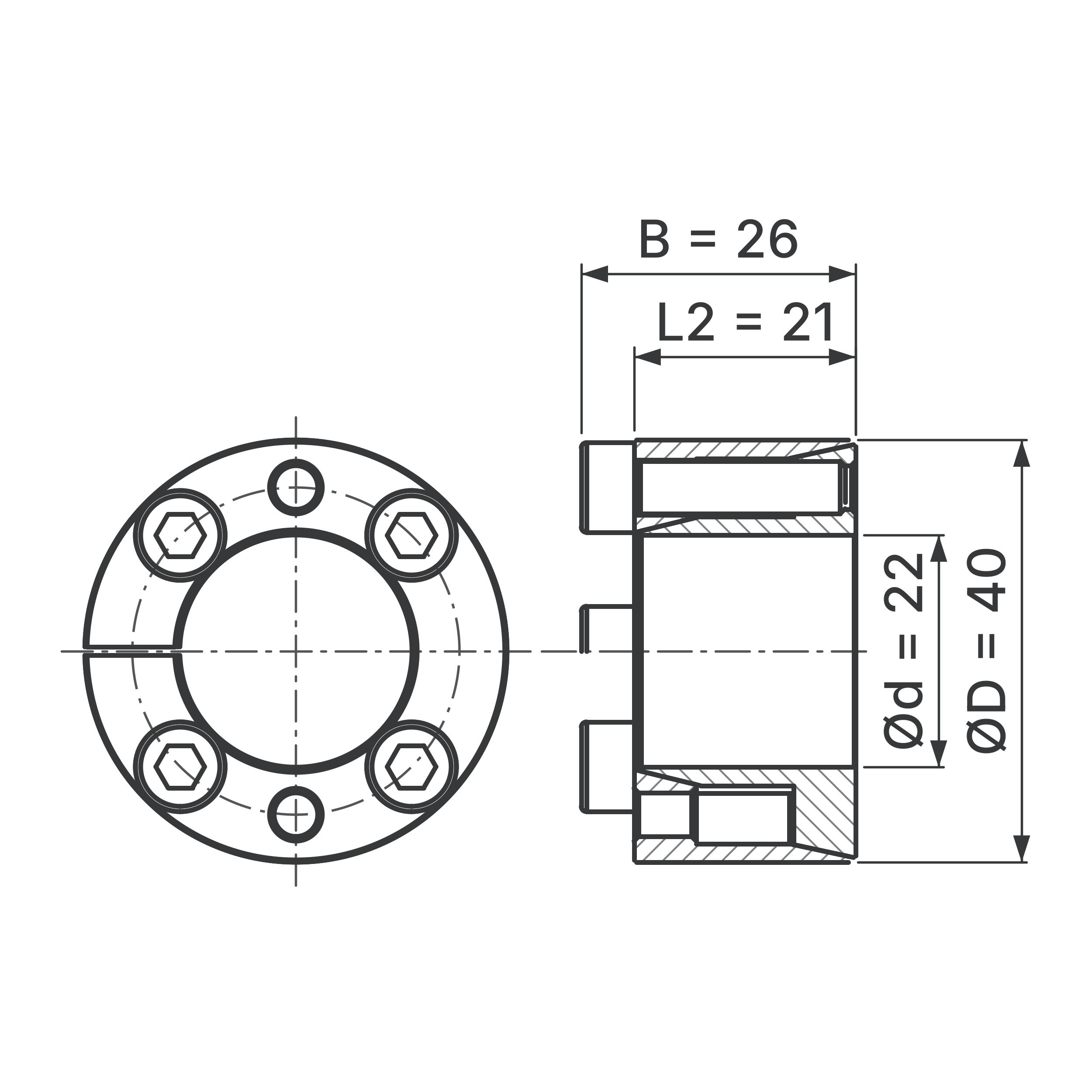Maßskizze Spannsatz STW71SS-22x40 Edelstahl: Wellen-Ø d, Außen-Ø D, L2, B in mm, schematisch