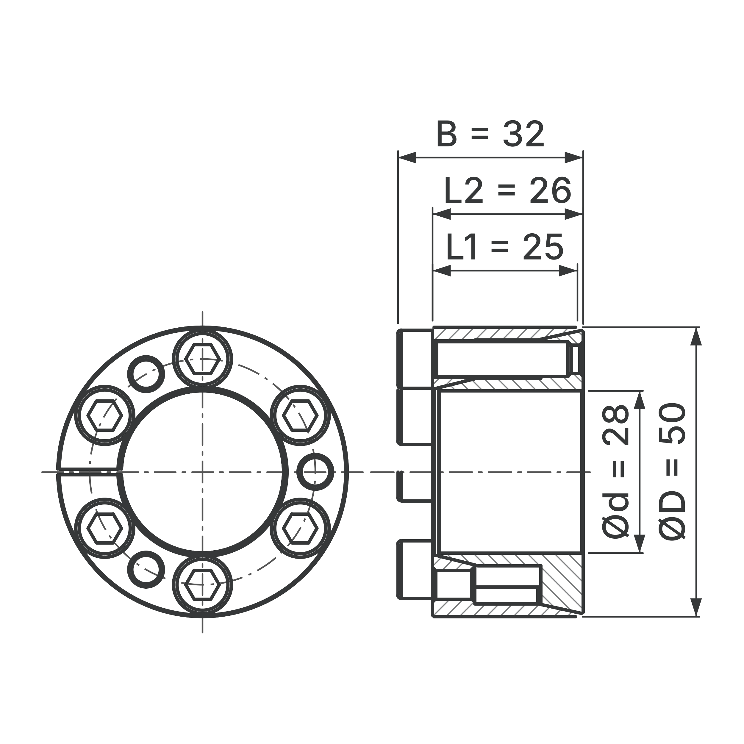 Maßskizze Spannsatz STW71-28x50: Wellen-Ø d, Außen-Ø D, L1, L2, B in mm, schematisch