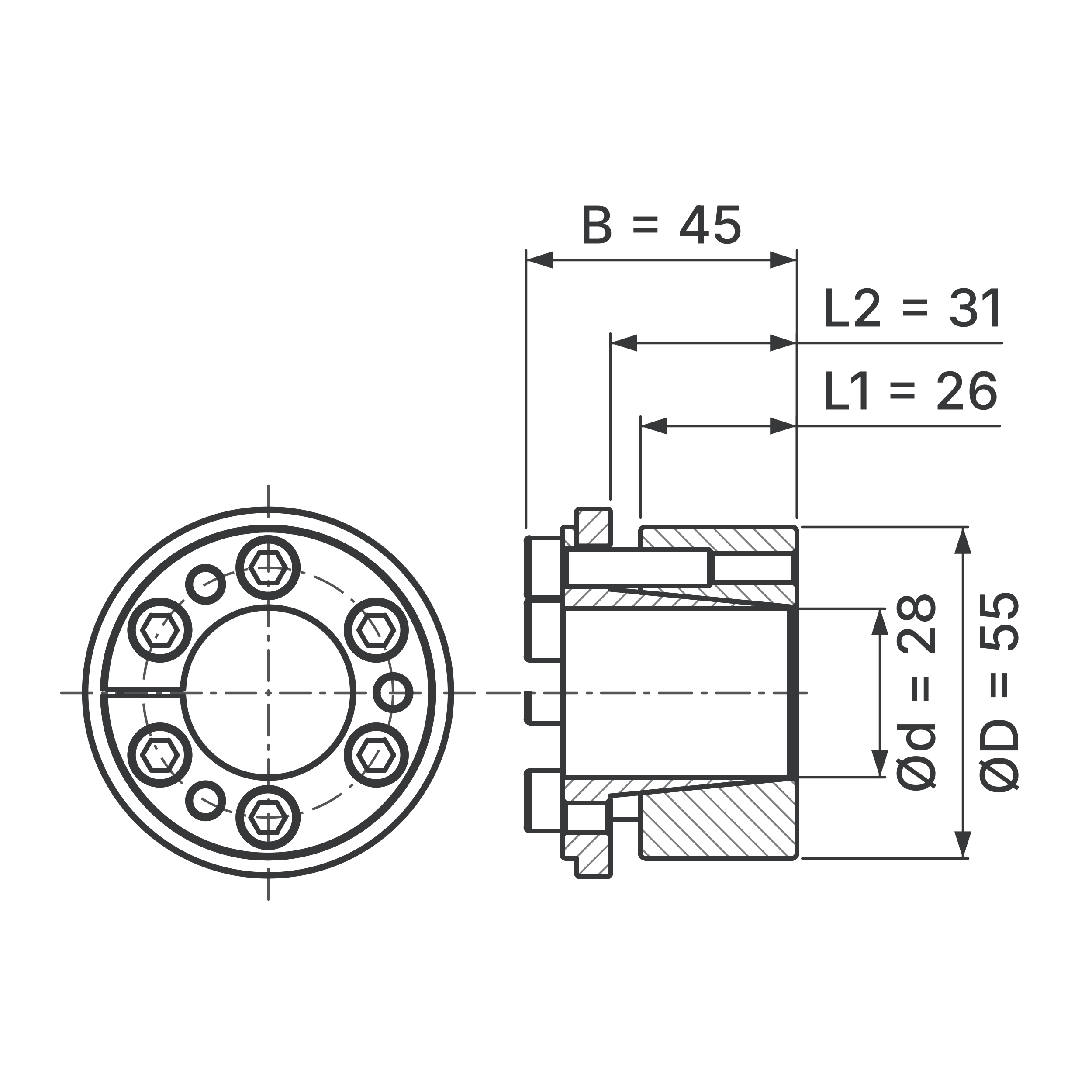 Maßskizze Spannsatz STW73-28x55: Wellen-Ø d, Außen-Ø D, L1, L2, B in mm, schematisch