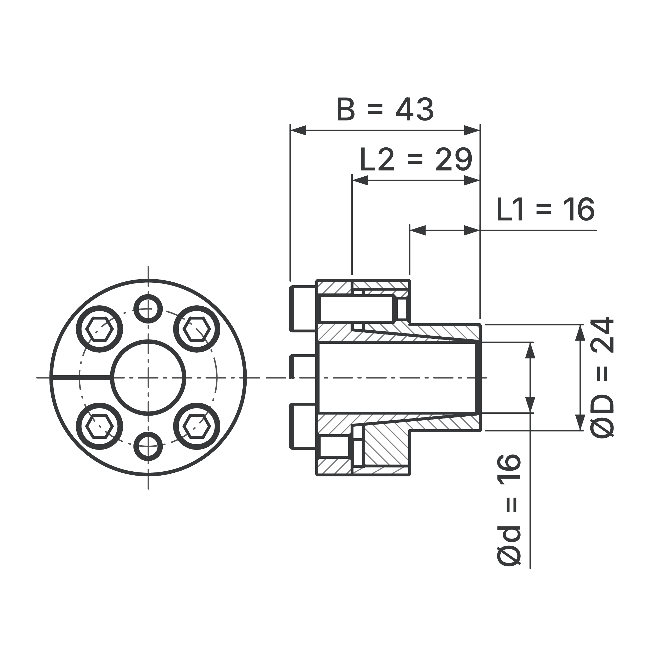 Maßskizze Spannsatz STW27SS-16x24 Edelstahl: Wellen-Ø d, Außen-Ø D, L1, L2, B in mm, schematisch
