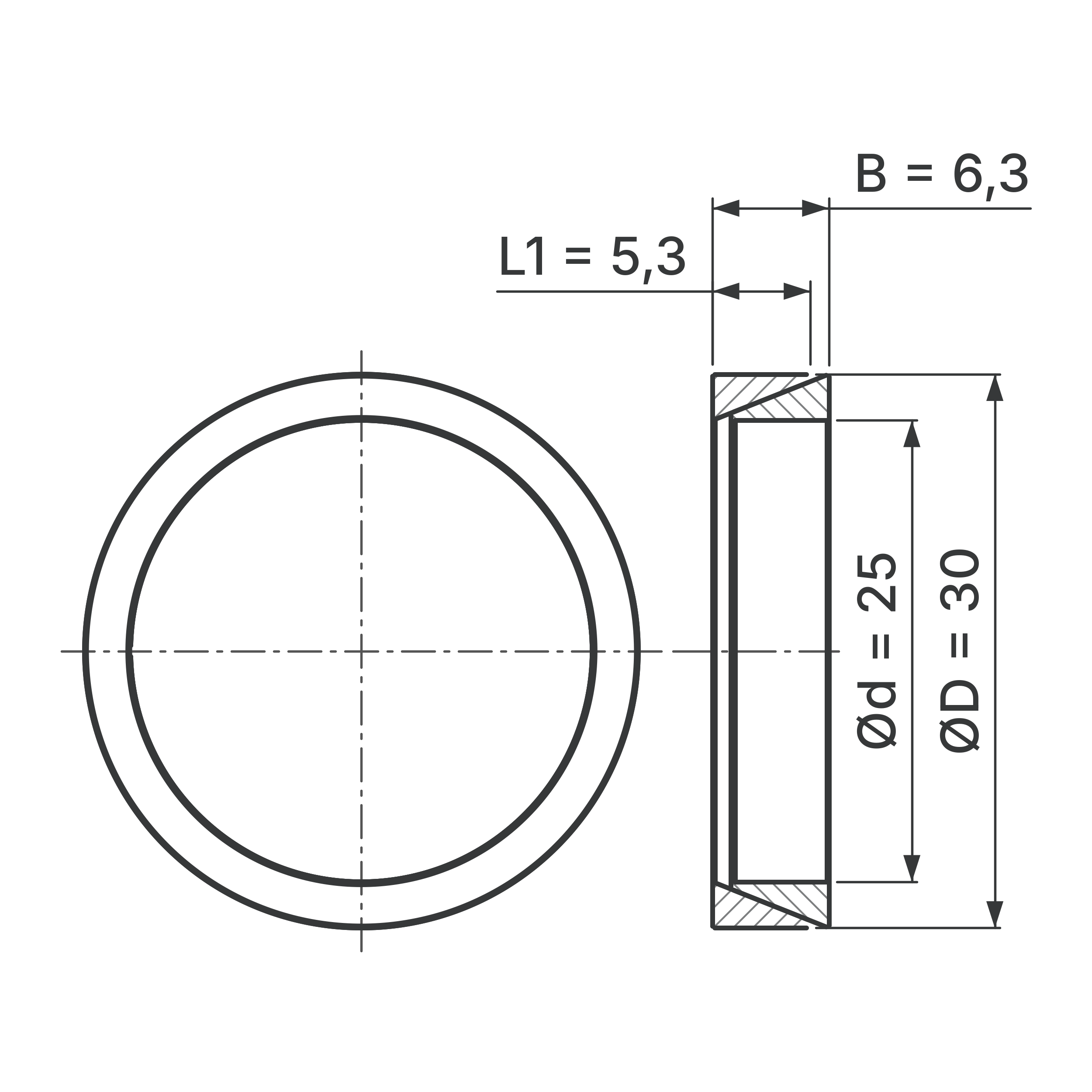 Maßskizze Konus-Spannelement STW56-25x30: Wellen-Ø d, Außen-Ø D, L1, B in mm, schematisch