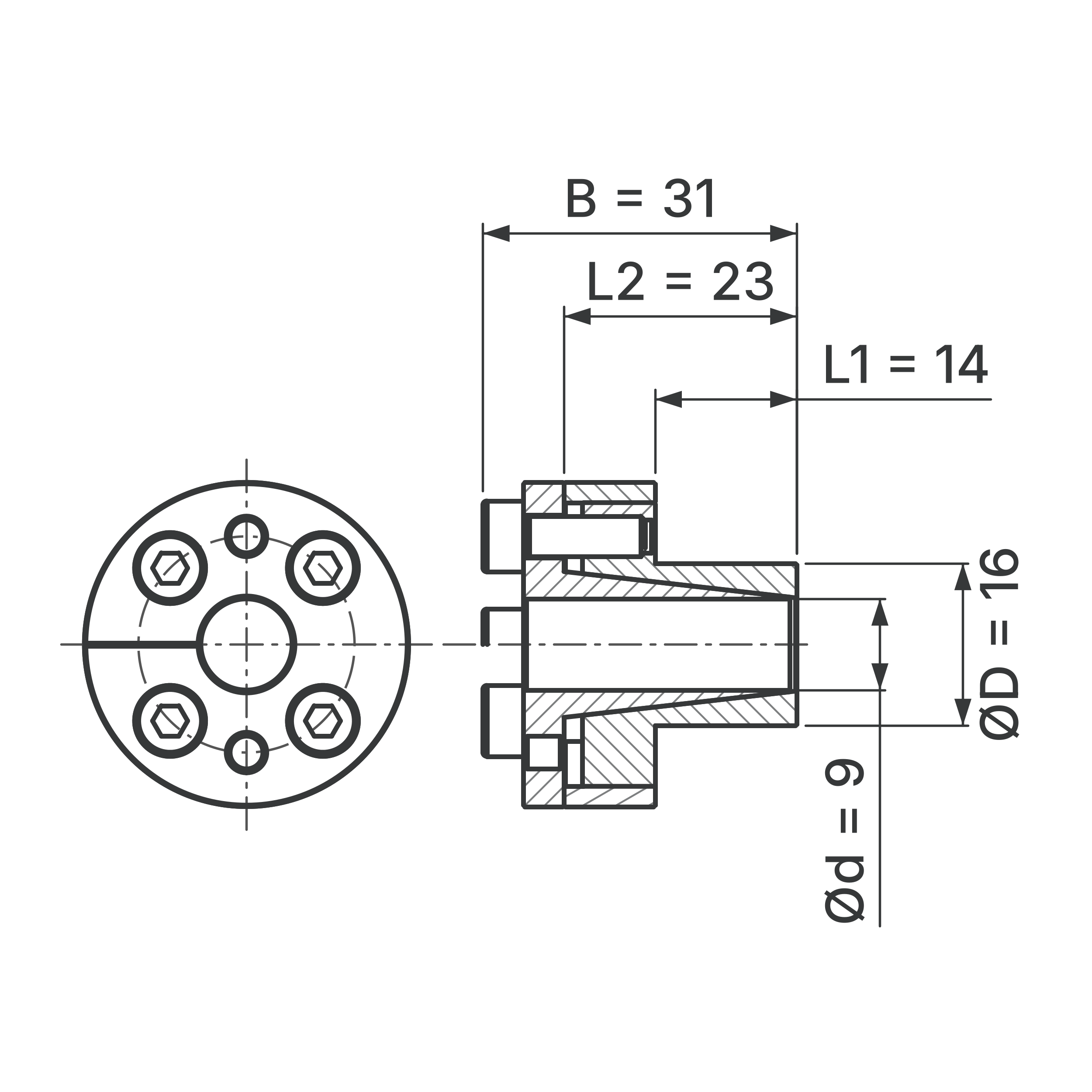 Maßskizze Spannsatz STW27-9x16: Wellen-Ø d, Außen-Ø D, L1, L2, B in mm, schematisch