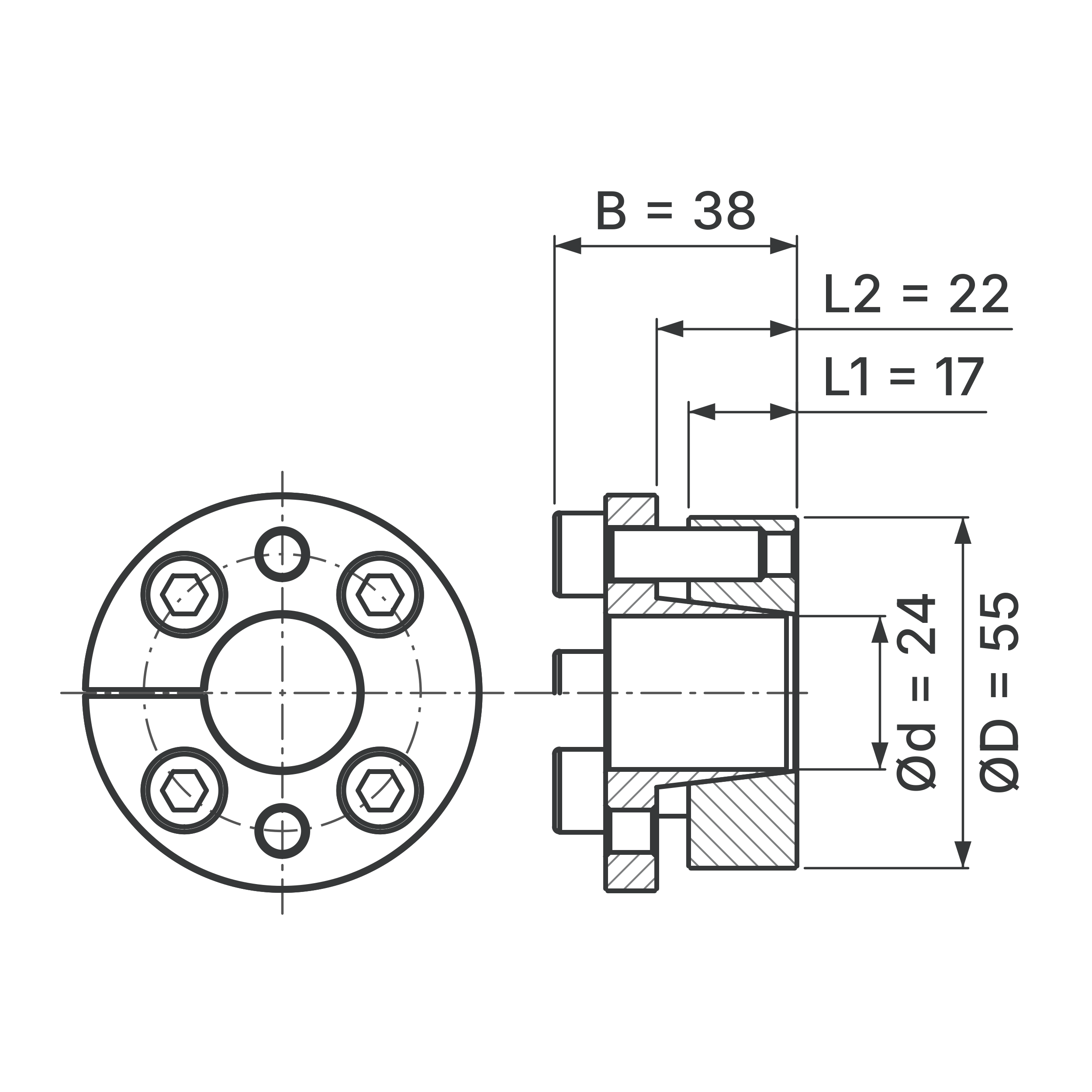 Maßskizze Spannsatz STW31-24x55: Wellen-Ø d, Außen-Ø D, L1, L2, B in mm, schematisch