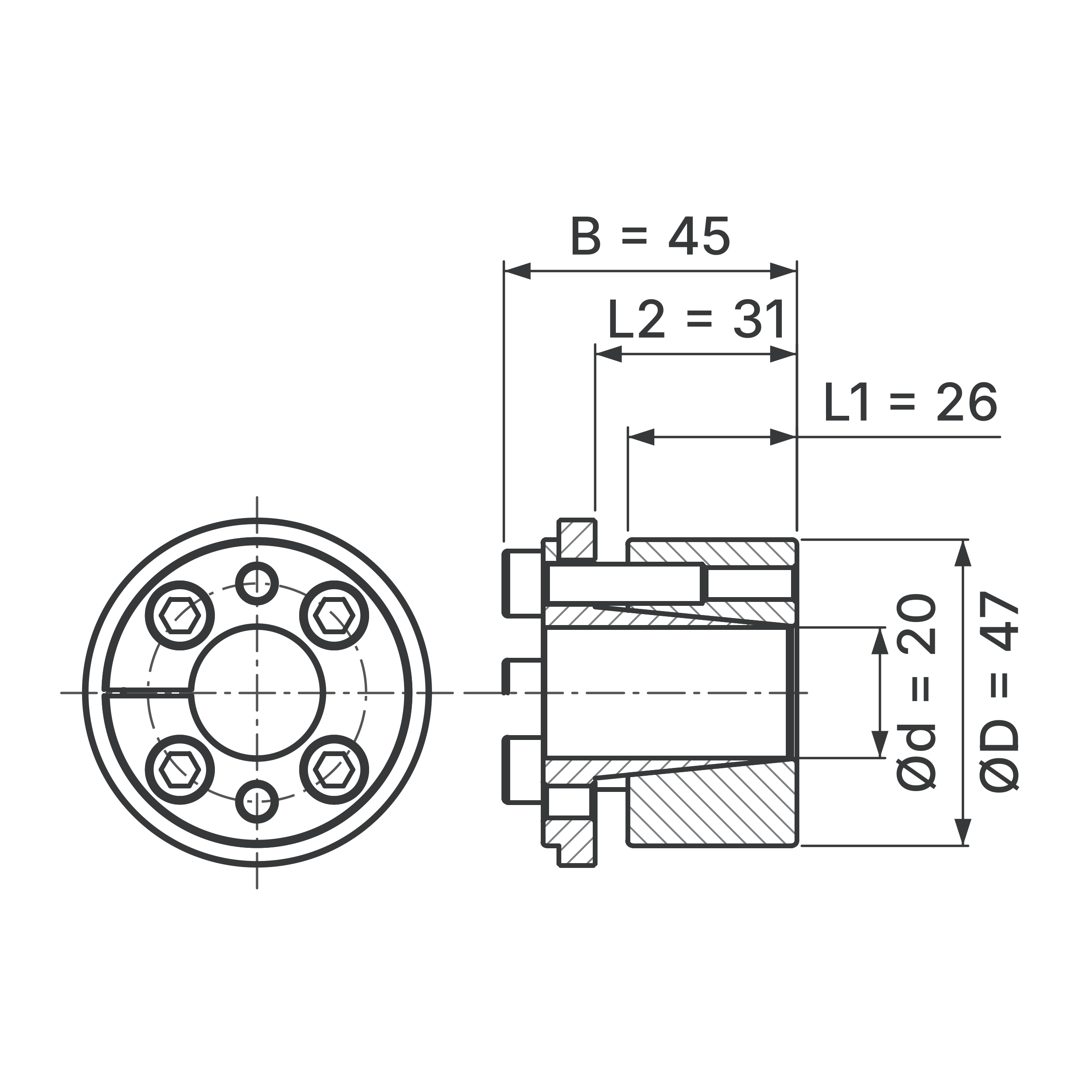 Maßskizze Spannsatz STW73-20x47: Wellen-Ø d, Außen-Ø D, L1, L2, B in mm, schematisch