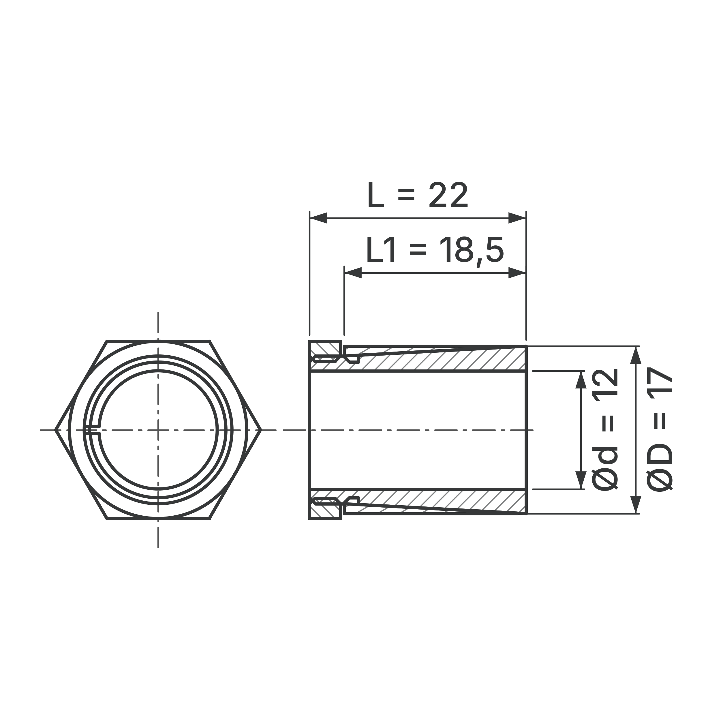 Maßskizze Spannsatz STW64SS-12x17 Edelstahl: Wellen-Ø d, Außen-Ø D, L1, L in mm, schematisch