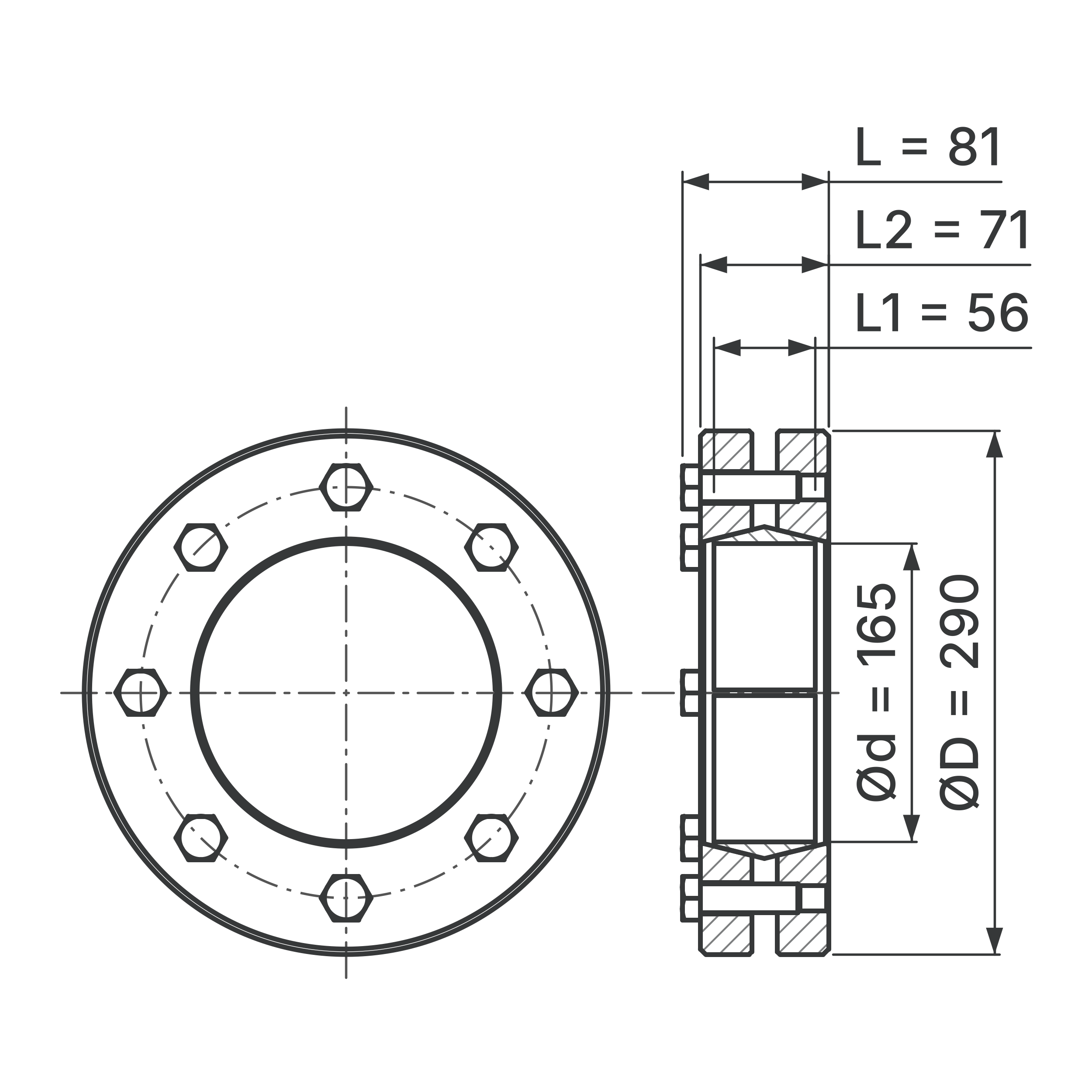 Maßskizze Schrumpfscheibe STW96-165x290: Bohrungs-Ø d, Außen-Ø D, L, L1, L2 in mm, schematisch