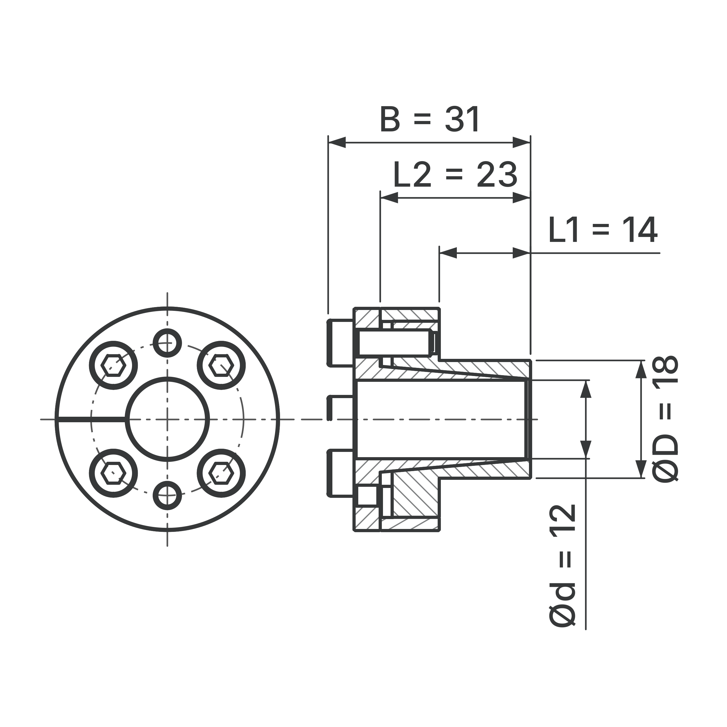 Maßskizze Spannsatz STW27-12x18: Wellen-Ø d, Außen-Ø D, L1, L2, B in mm, schematisch