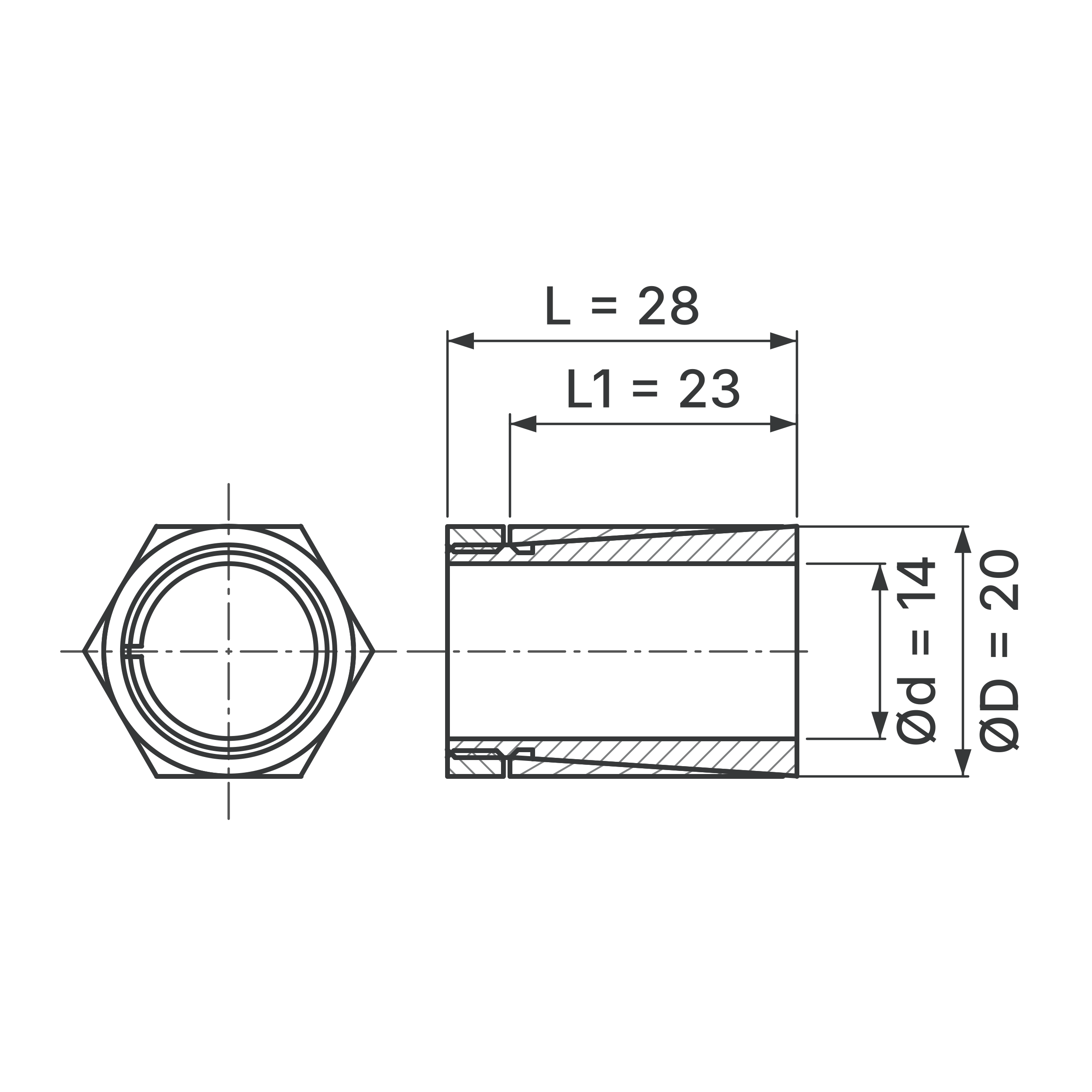 Maßskizze Spannsatz STW64SS-14x20 Edelstahl: Wellen-Ø d, Außen-Ø D, L1, L in mm, schematisch