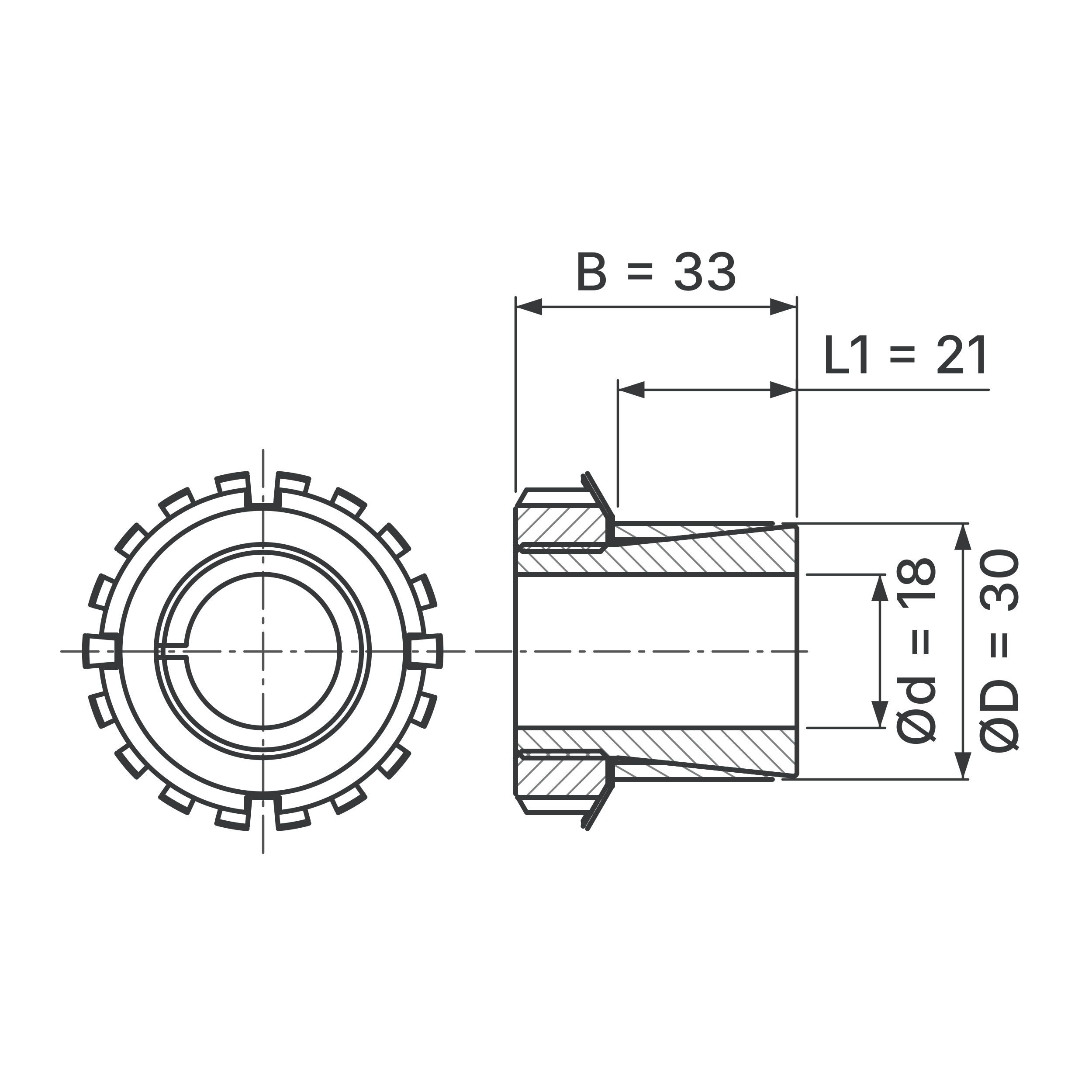 Maßskizze Spannsatz STW76-18x30: Wellen-Ø d, Außen-Ø D, L1, B in mm, schematisch