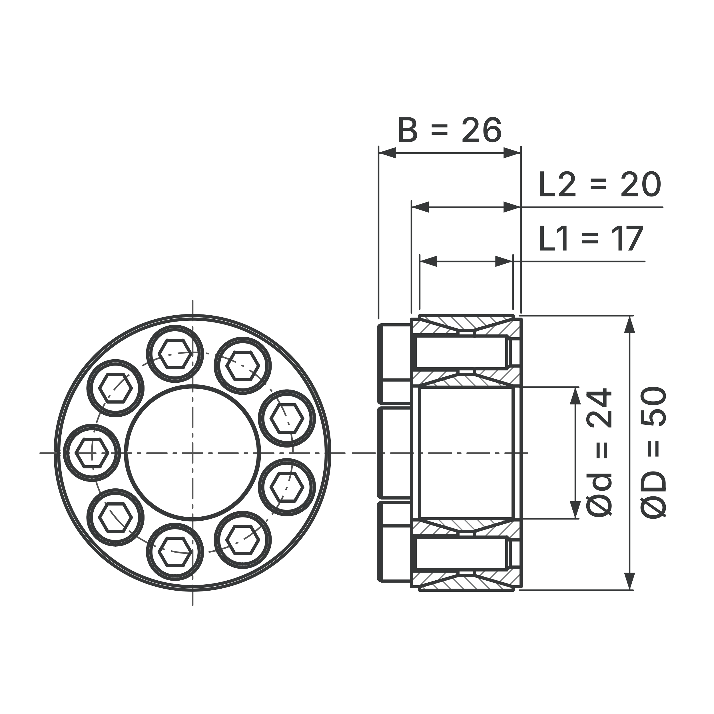 Maßskizze Spannsatz STW60SS-24x50 Edelstahl: Wellen-Ø d, Außen-Ø D, L1, L2, B in mm, schematisch