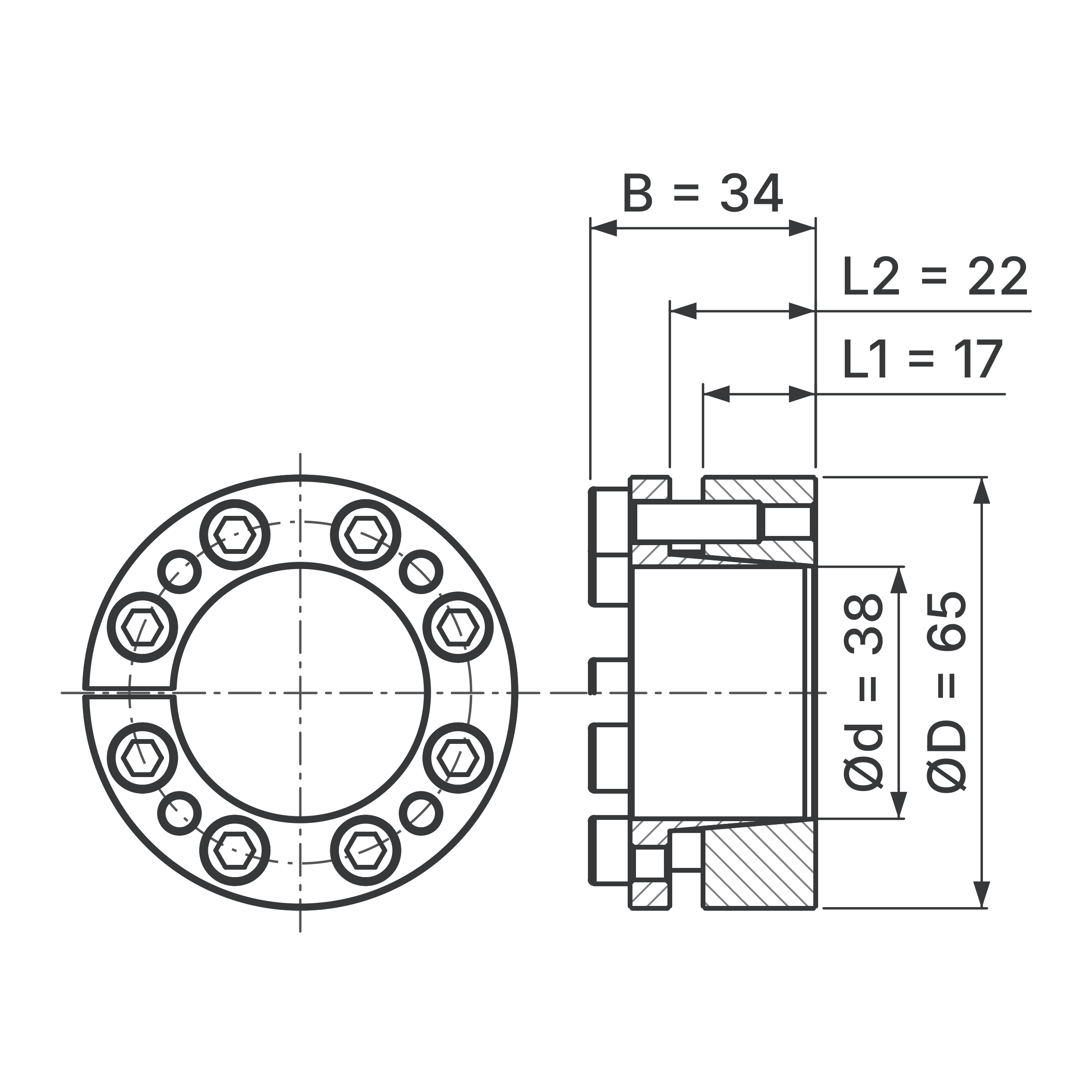 Maßskizze Spannsatz STW98-38x65: Wellen-Ø d, Außen-Ø D, L1, L2, B in mm, schematisch