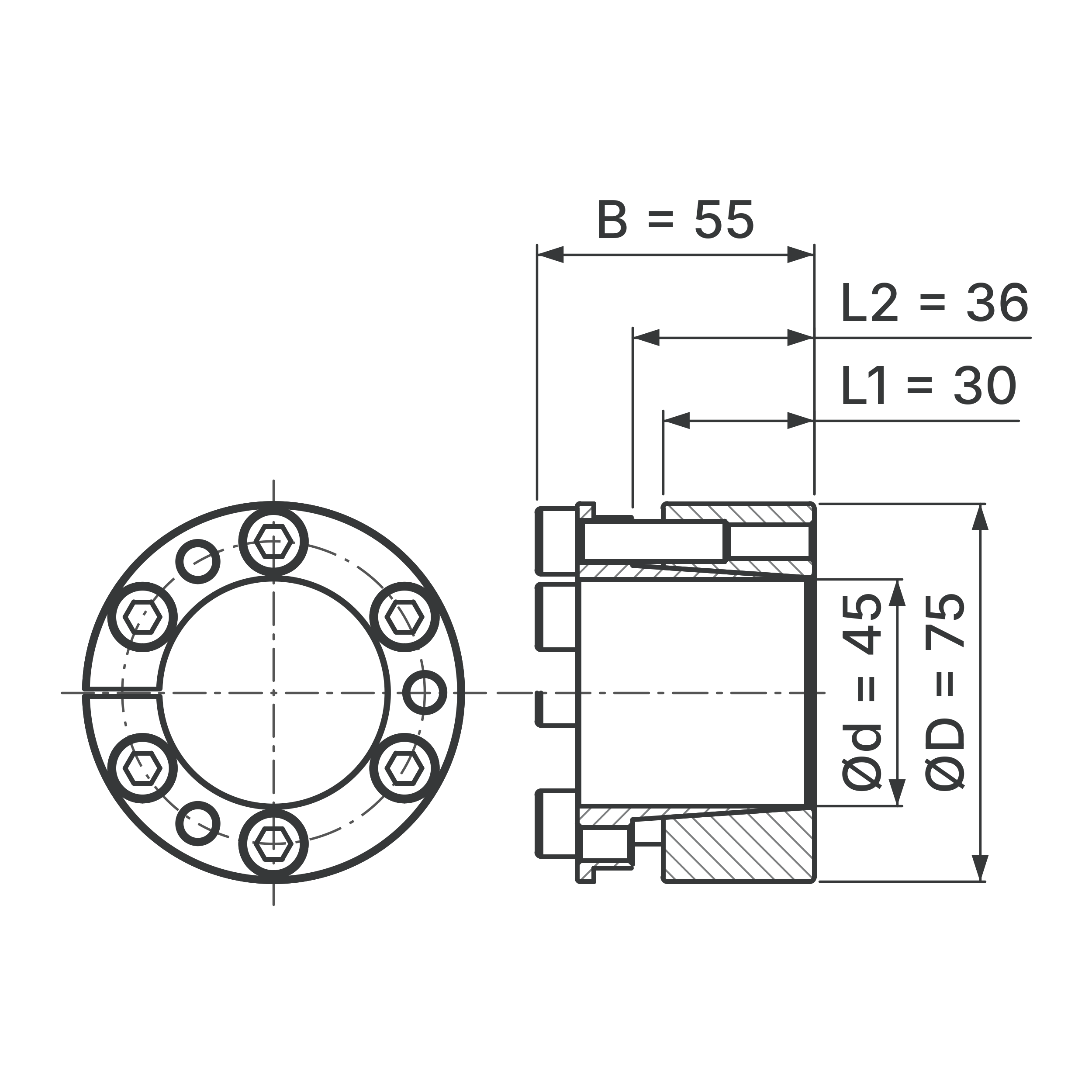 Maßskizze Spannsatz STW26-45x75: Wellen-Ø d, Außen-Ø D, L1, L2, B in mm, schematisch