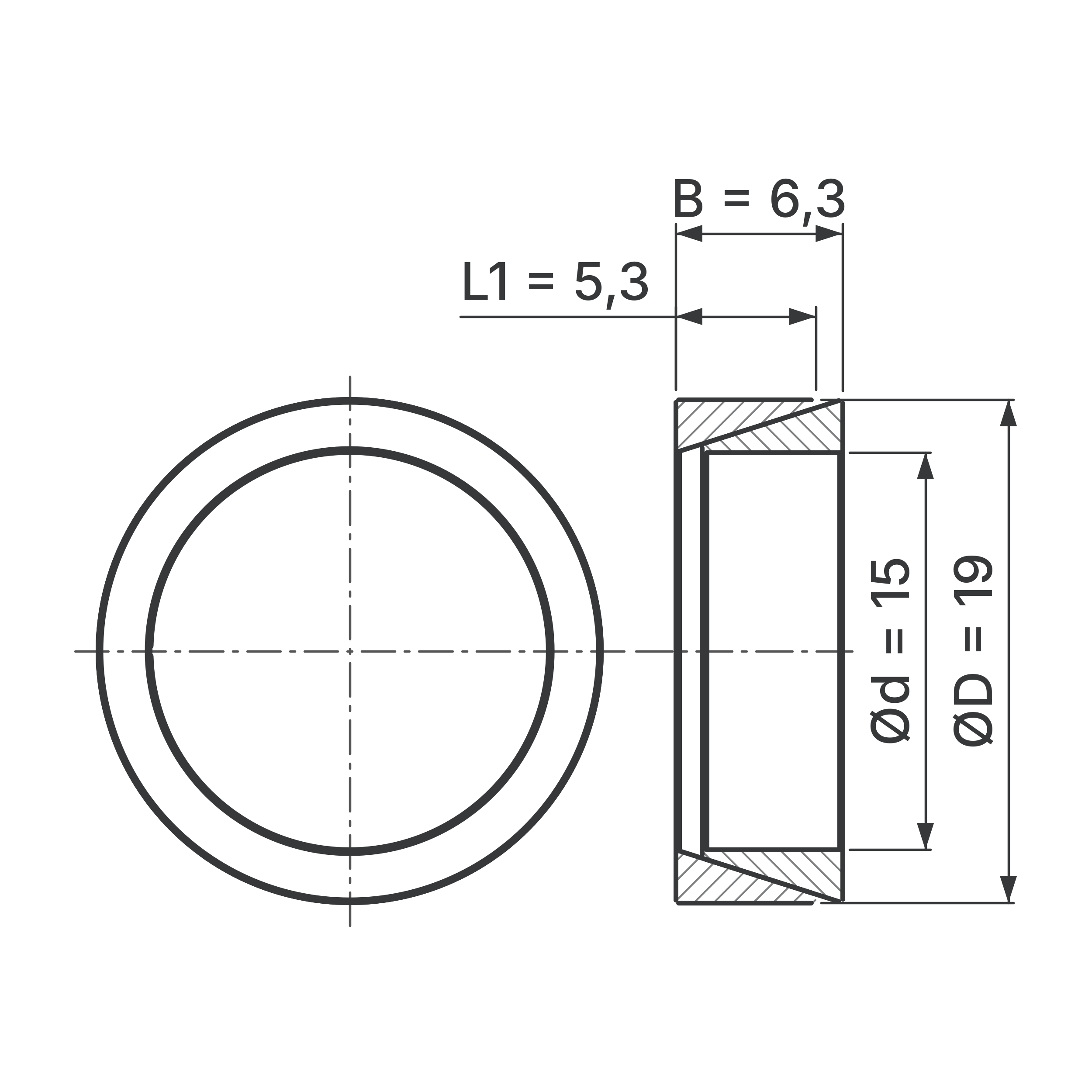 Maßskizze Konus-Spannelement STW56-15x19: Wellen-Ø d, Außen-Ø D, L1, B in mm, schematisch
