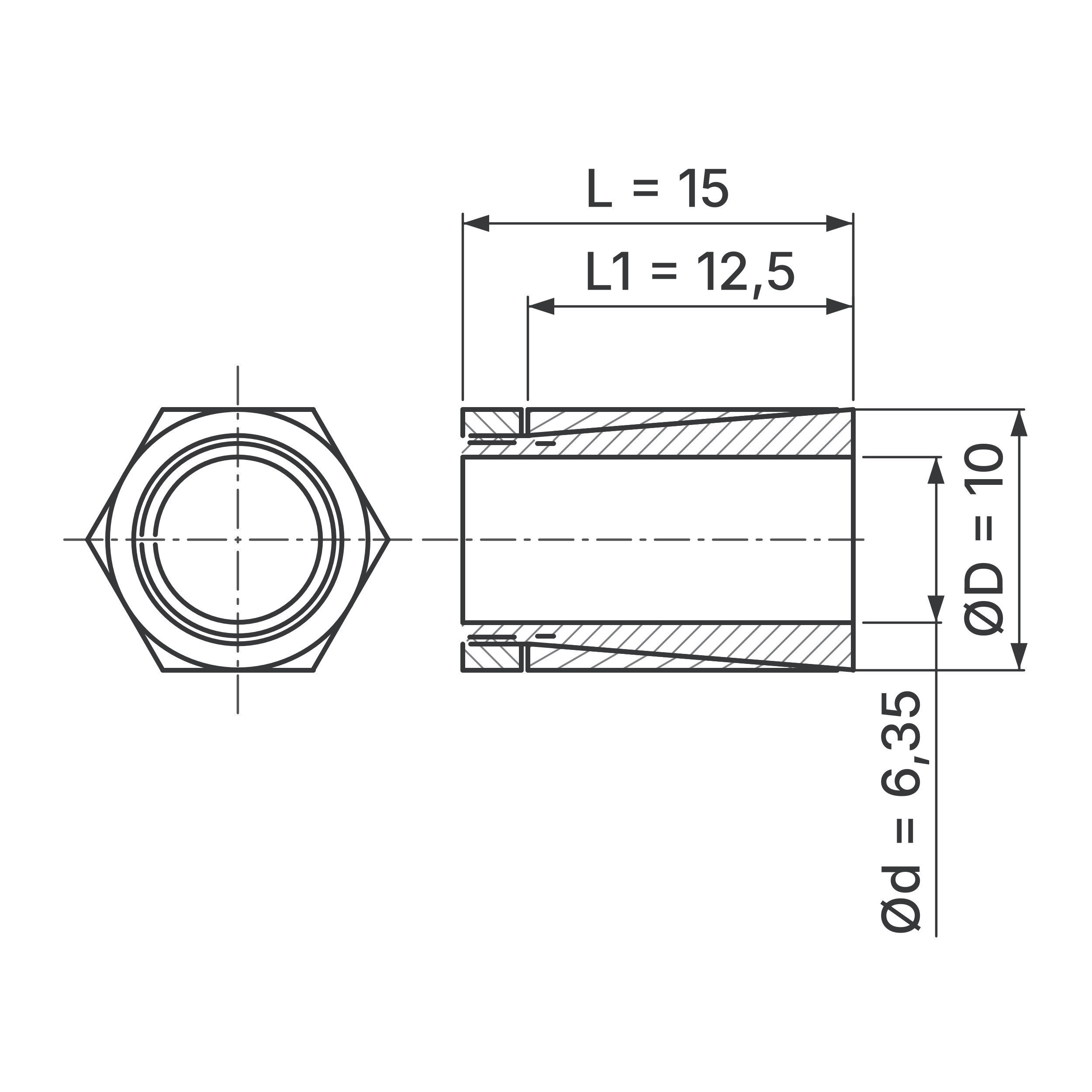 Maßskizze Spannsatz STW64SS-6.35x10 Edelstahl: Wellen-Ø d, Außen-Ø D, L1, L in mm, schematisch