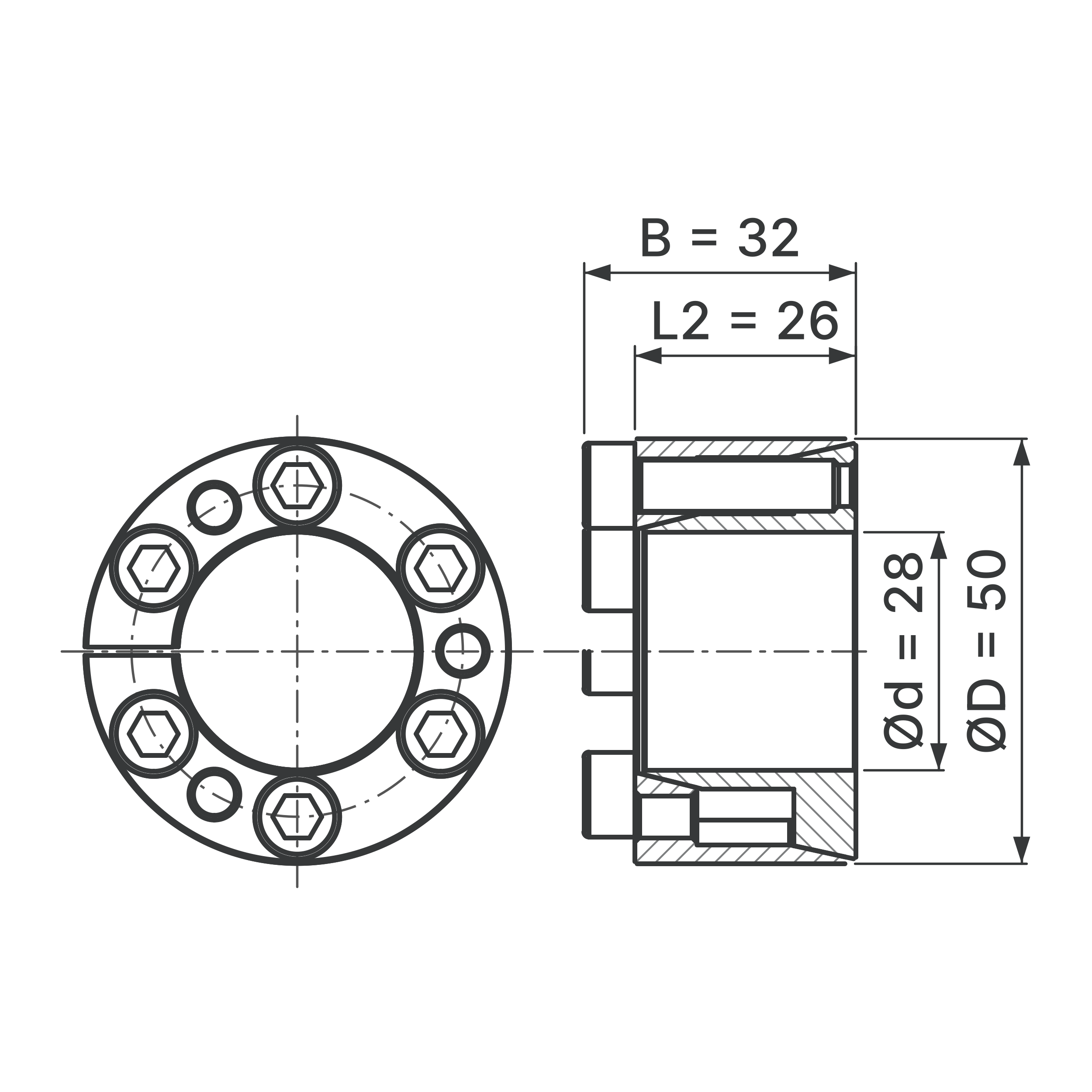 Maßskizze Spannsatz STW71SS-28x50 Edelstahl: Wellen-Ø d, Außen-Ø D, L2, B in mm, schematisch