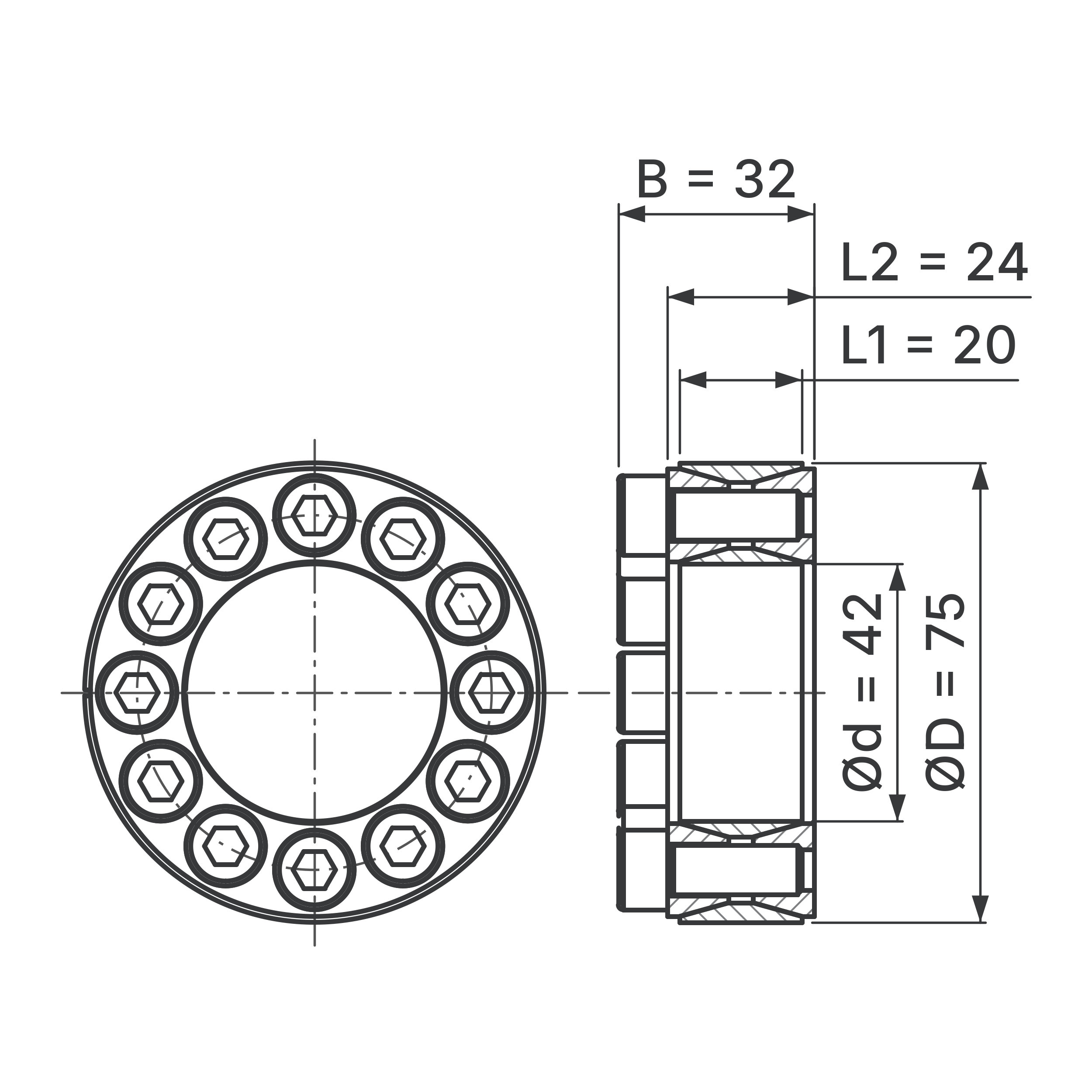 Maßskizze Spannsatz STW60-42x75: Wellen-Ø d, Außen-Ø D, L1, L2, B in mm, schematisch