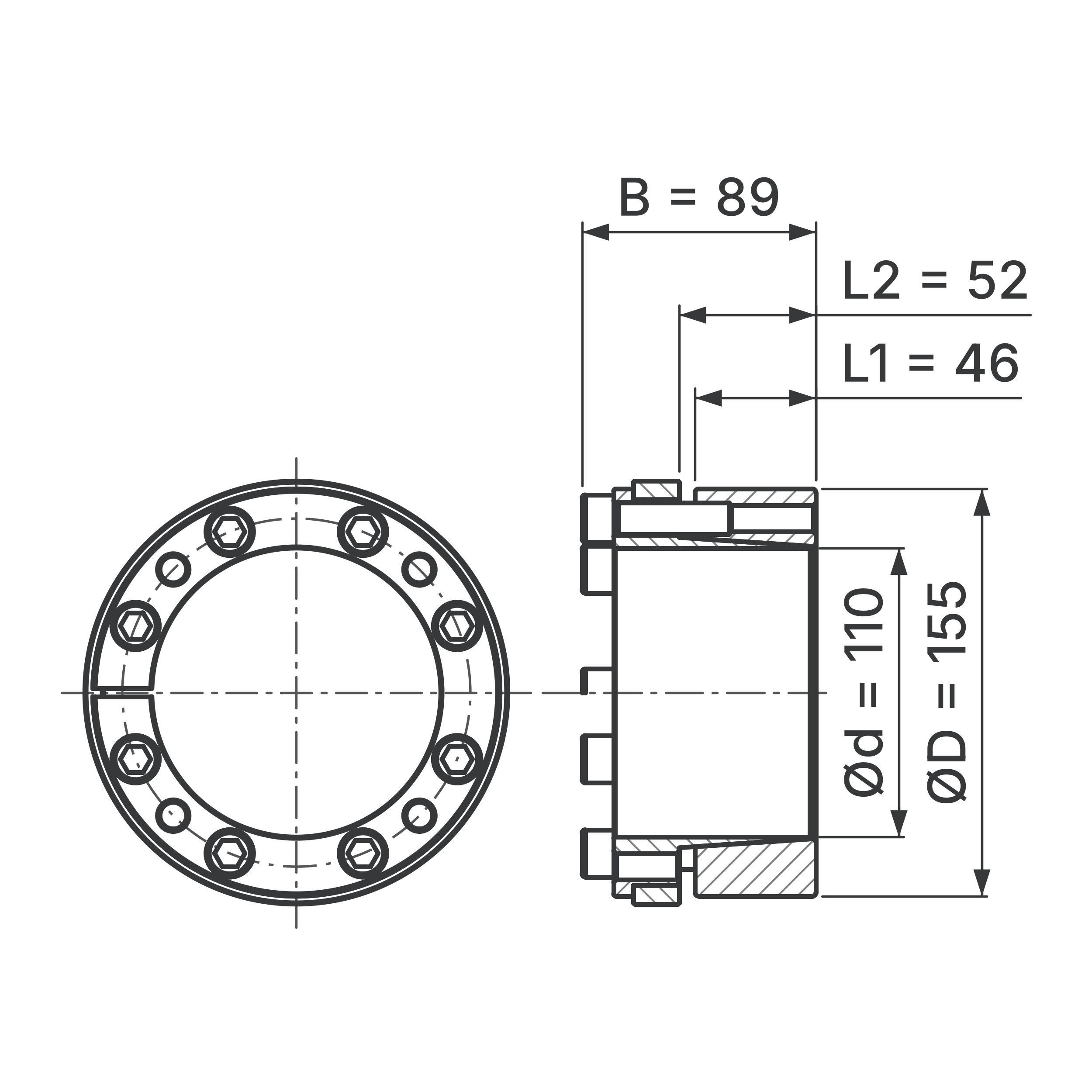 Maßskizze Spannsatz STW73-110x155: Wellen-Ø d, Außen-Ø D, L1, L2, B in mm, schematisch