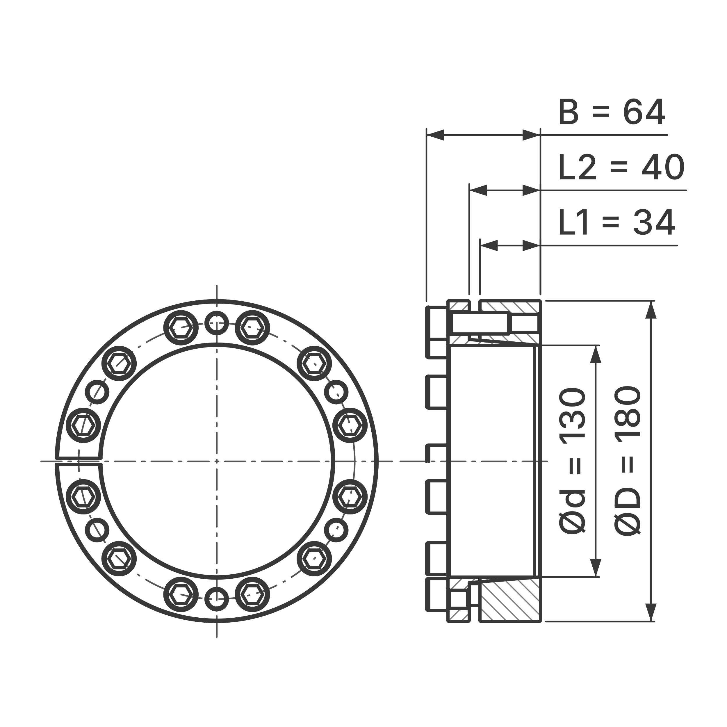 Maßskizze Spannsatz STW98-130x180: Wellen-Ø d, Außen-Ø D, L1, L2, B in mm, schematisch