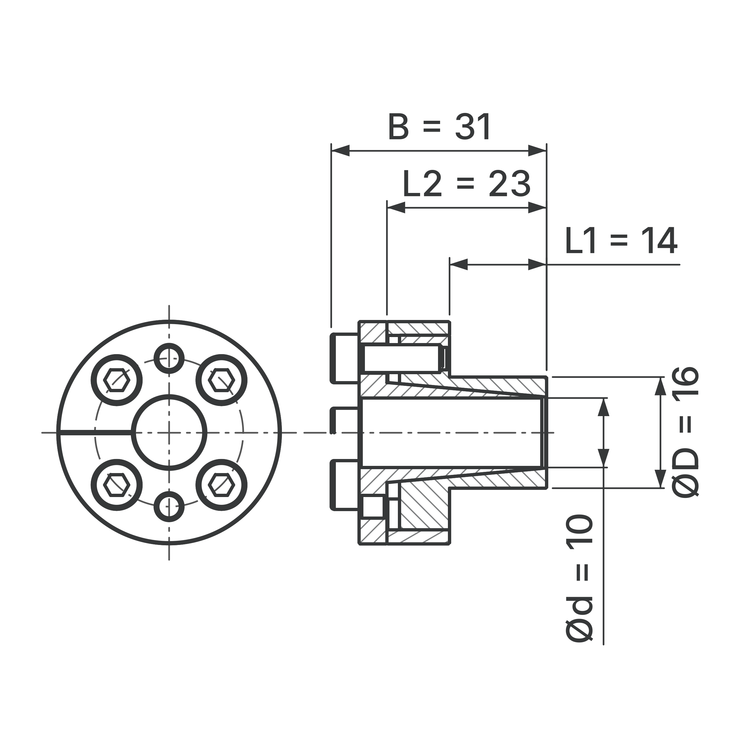 Maßskizze Spannsatz STW27-10x16: Wellen-Ø d, Außen-Ø D, L1, L2, B in mm, schematisch