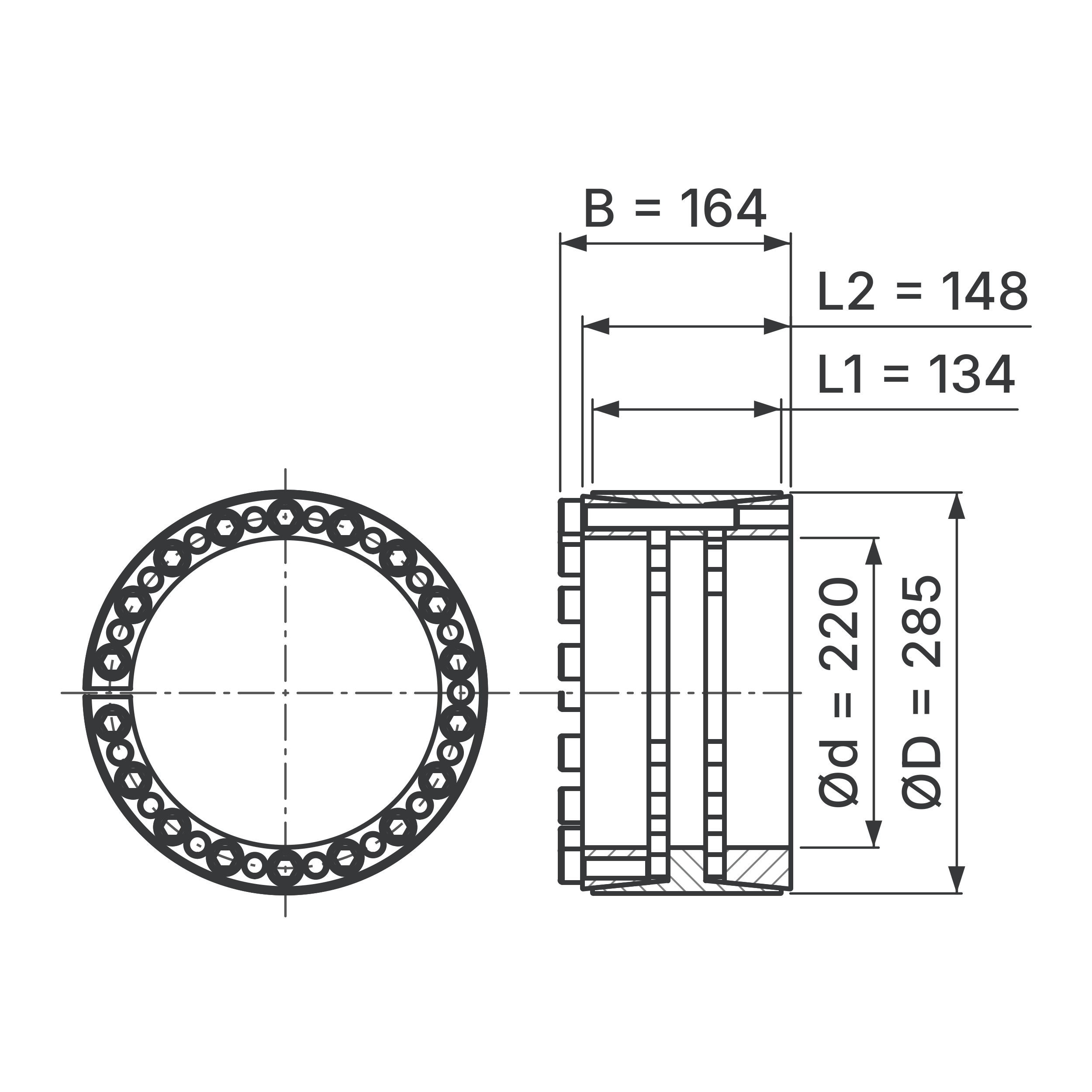 Maßskizze Spannsatz STW33-220x285: Wellen-Ø d, Außen-Ø D, L1, L2, B in mm, schematisch