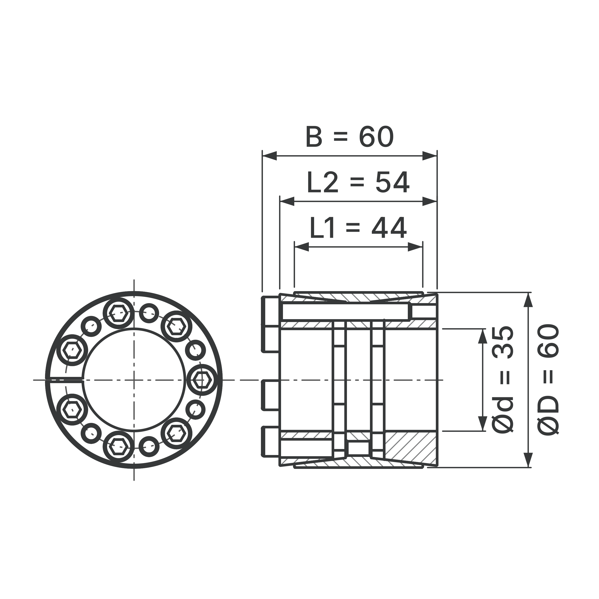 Maßskizze Spannsatz STW33-35x60: Wellen-Ø d, Außen-Ø D, L1, L2, B in mm, schematisch