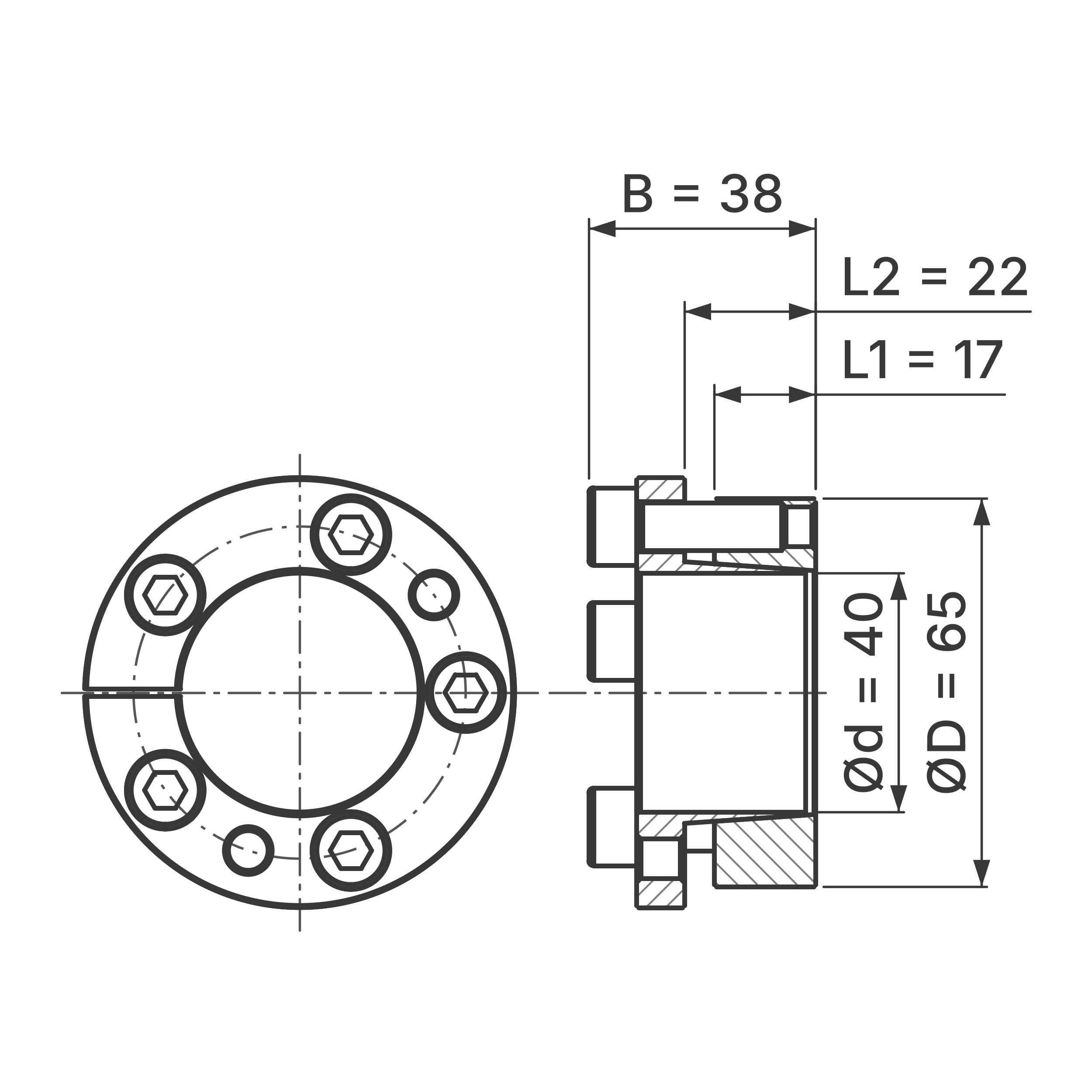 Maßskizze Spannsatz STW31-40x65: Wellen-Ø d, Außen-Ø D, L1, L2, B in mm, schematisch