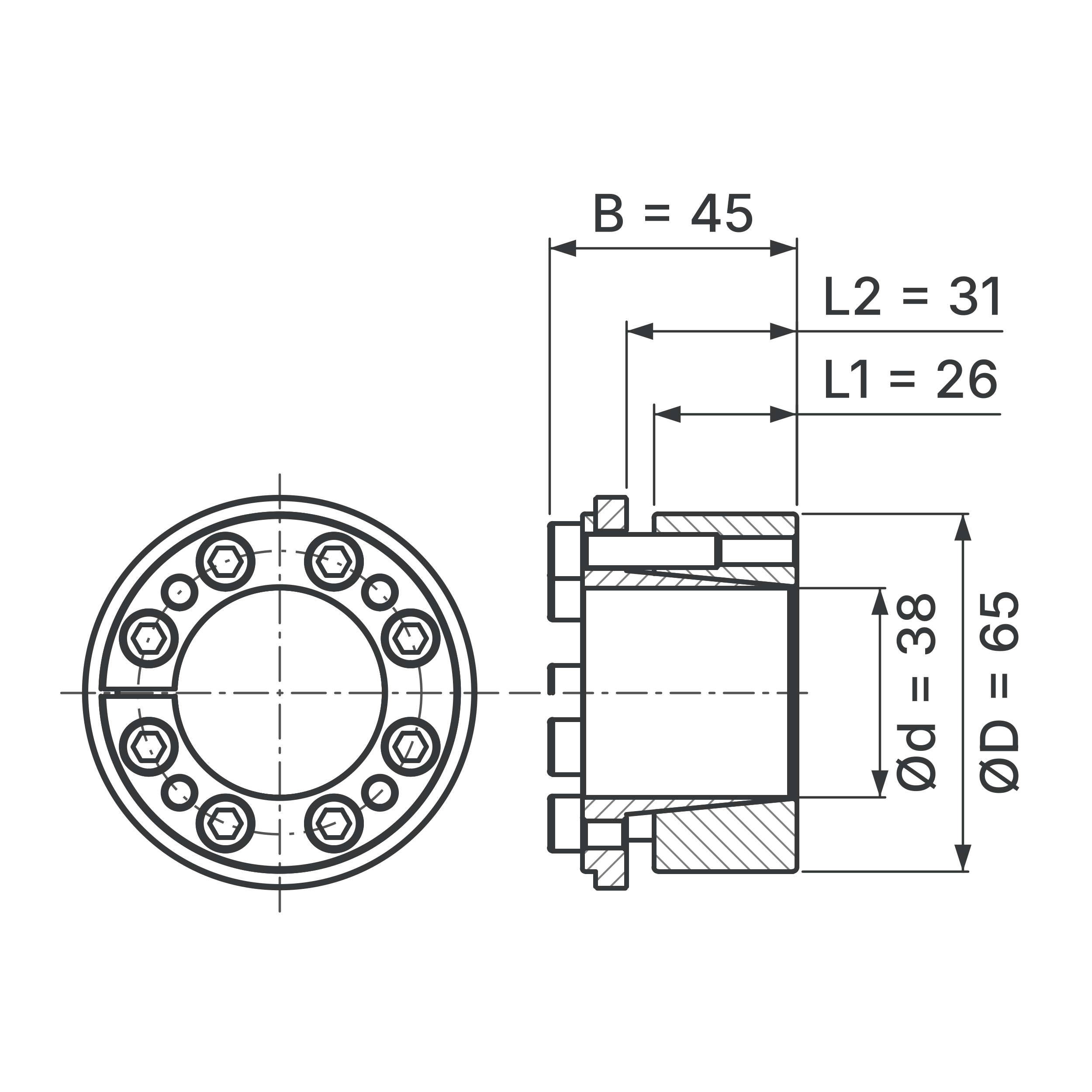 Maßskizze Spannsatz STW73-38x65: Wellen-Ø d, Außen-Ø D, L1, L2, B in mm, schematisch