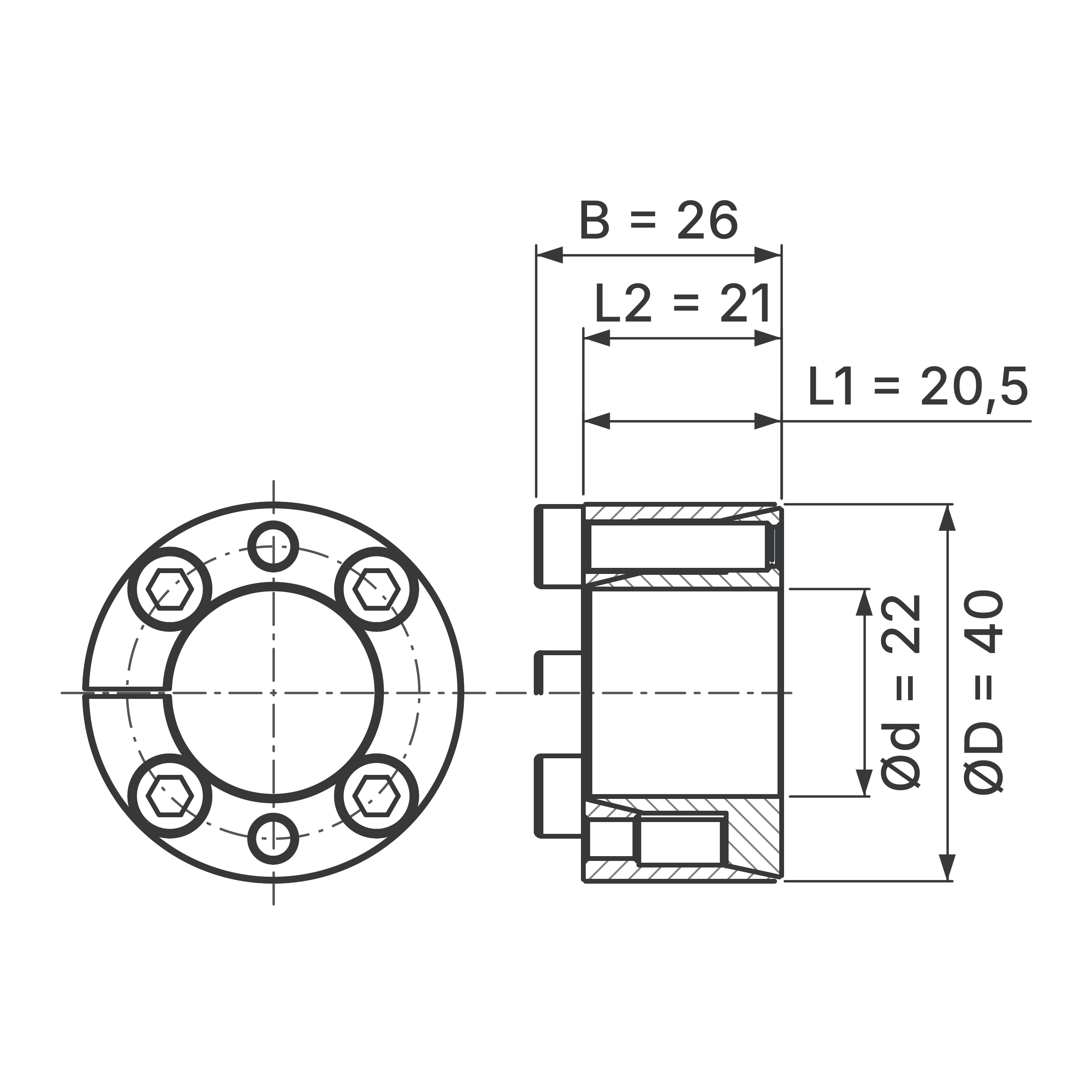 Maßskizze Spannsatz STW71-22x40: Wellen-Ø d, Außen-Ø D, L1, L2, B in mm, schematisch