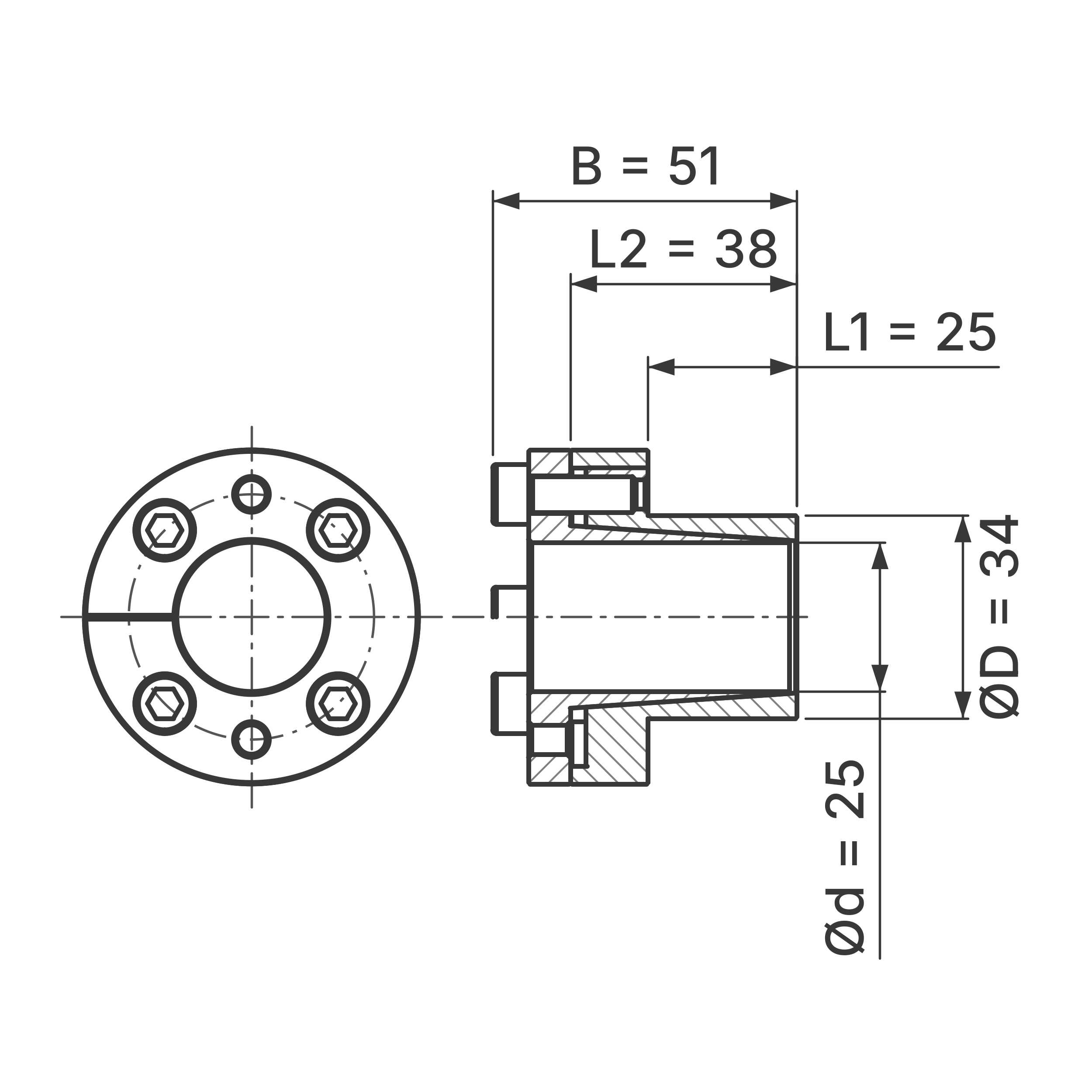Maßskizze Spannsatz STW27-25x34: Wellen-Ø d, Außen-Ø D, L1, L2, B in mm, schematisch