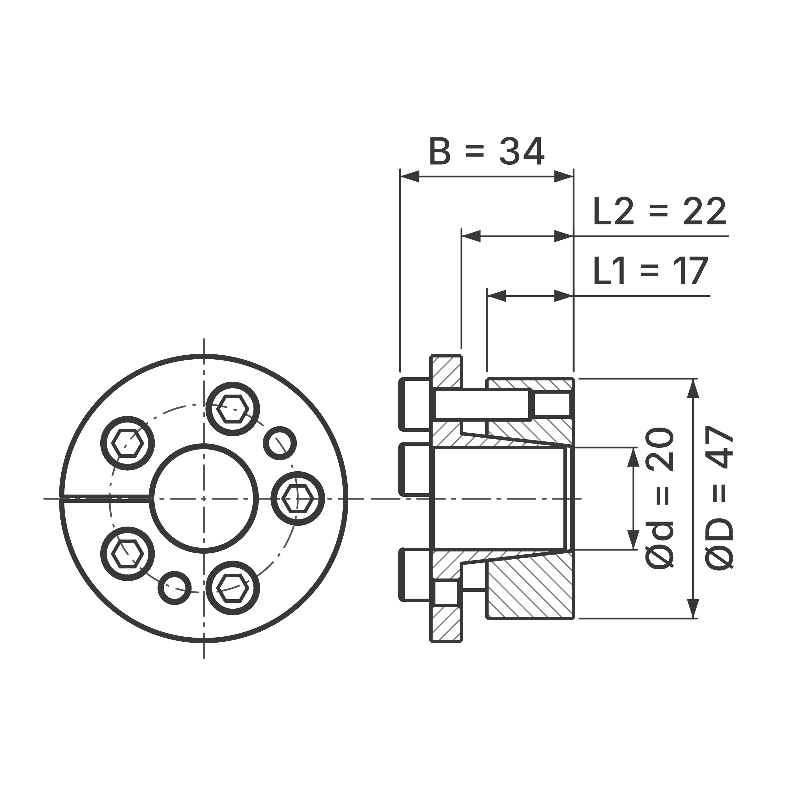 Maßskizze Spannsatz STW77-20x47: Wellen-Ø d, Außen-Ø D, L1, L2, B in mm, schematisch