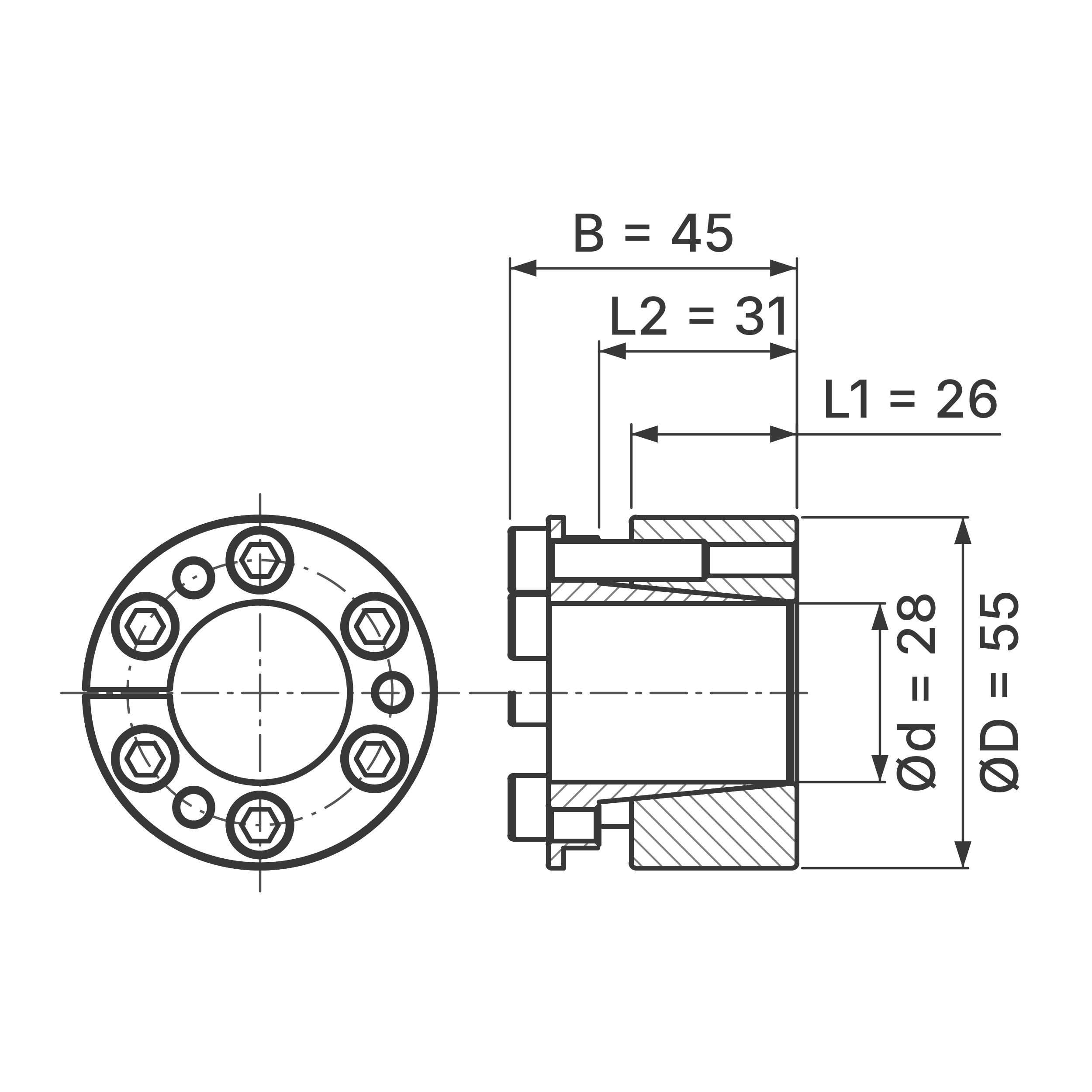 Maßskizze Spannsatz STW26-28x55: Wellen-Ø d, Außen-Ø D, L1, L2, B in mm, schematisch