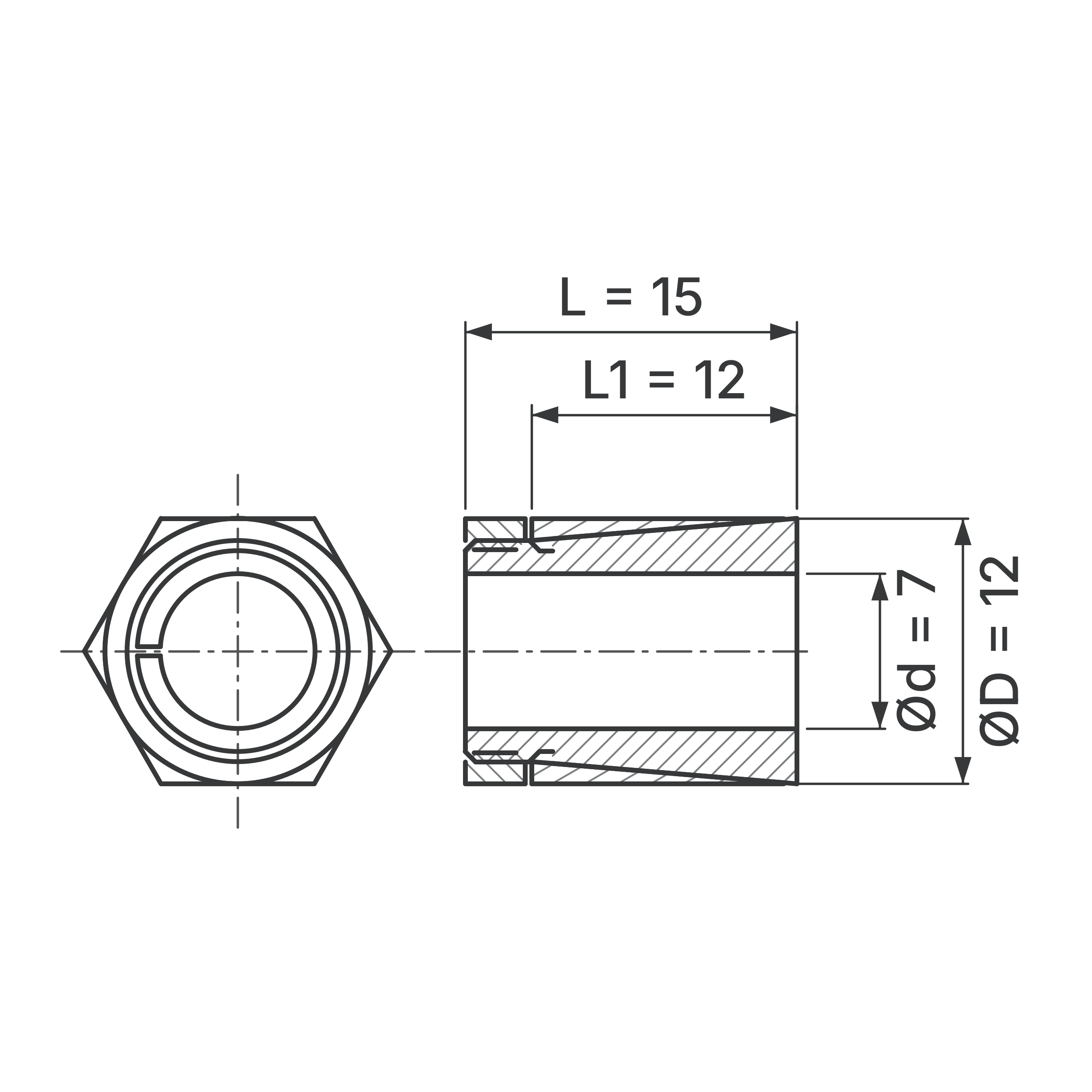 Maßskizze Spannsatz STW64SS-7x12 Edelstahl: Wellen-Ø d, Außen-Ø D, L1, L in mm, schematisch