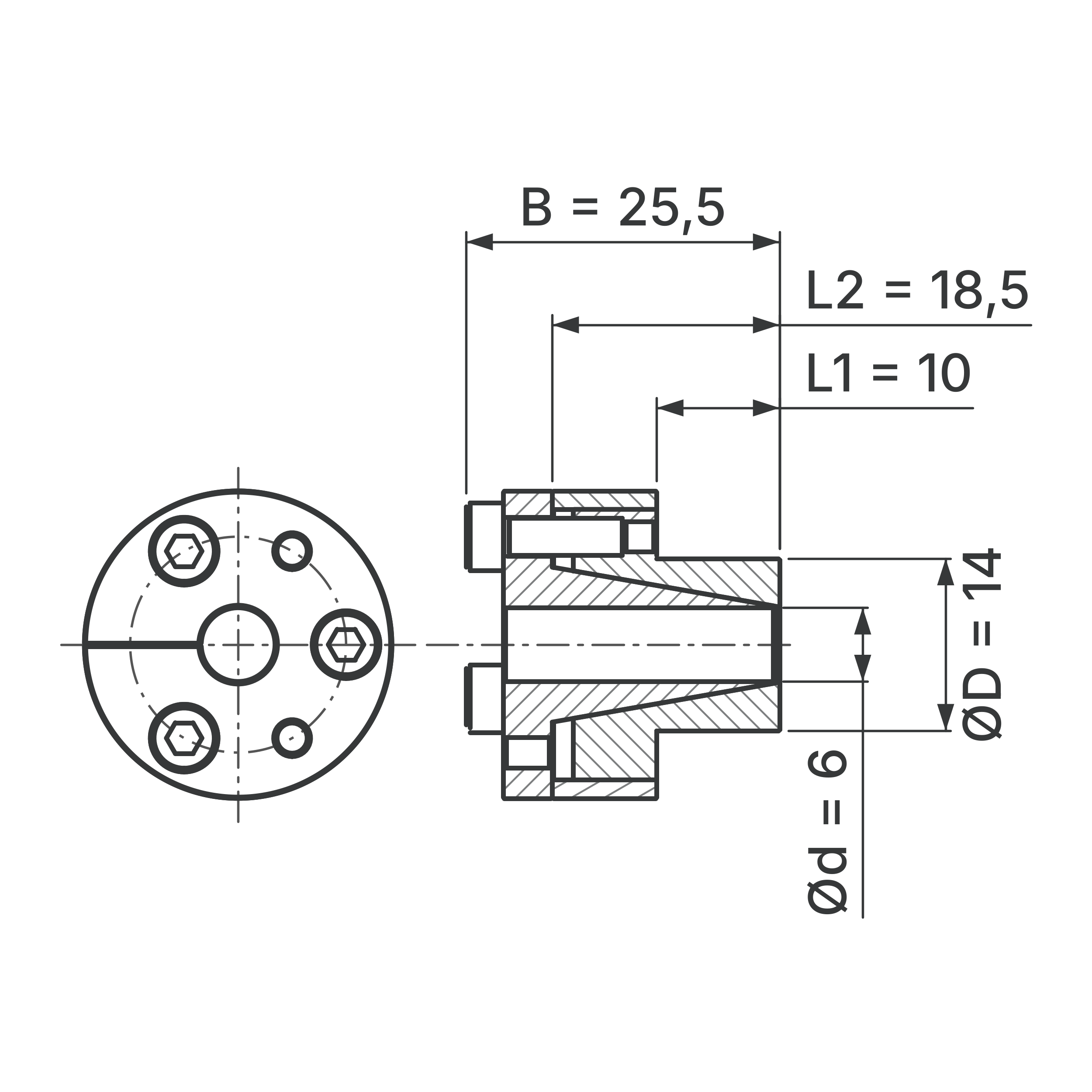 Maßskizze Spannsatz STW27-6x14: Wellen-Ø d, Außen-Ø D, L1, L2, B in mm, schematisch