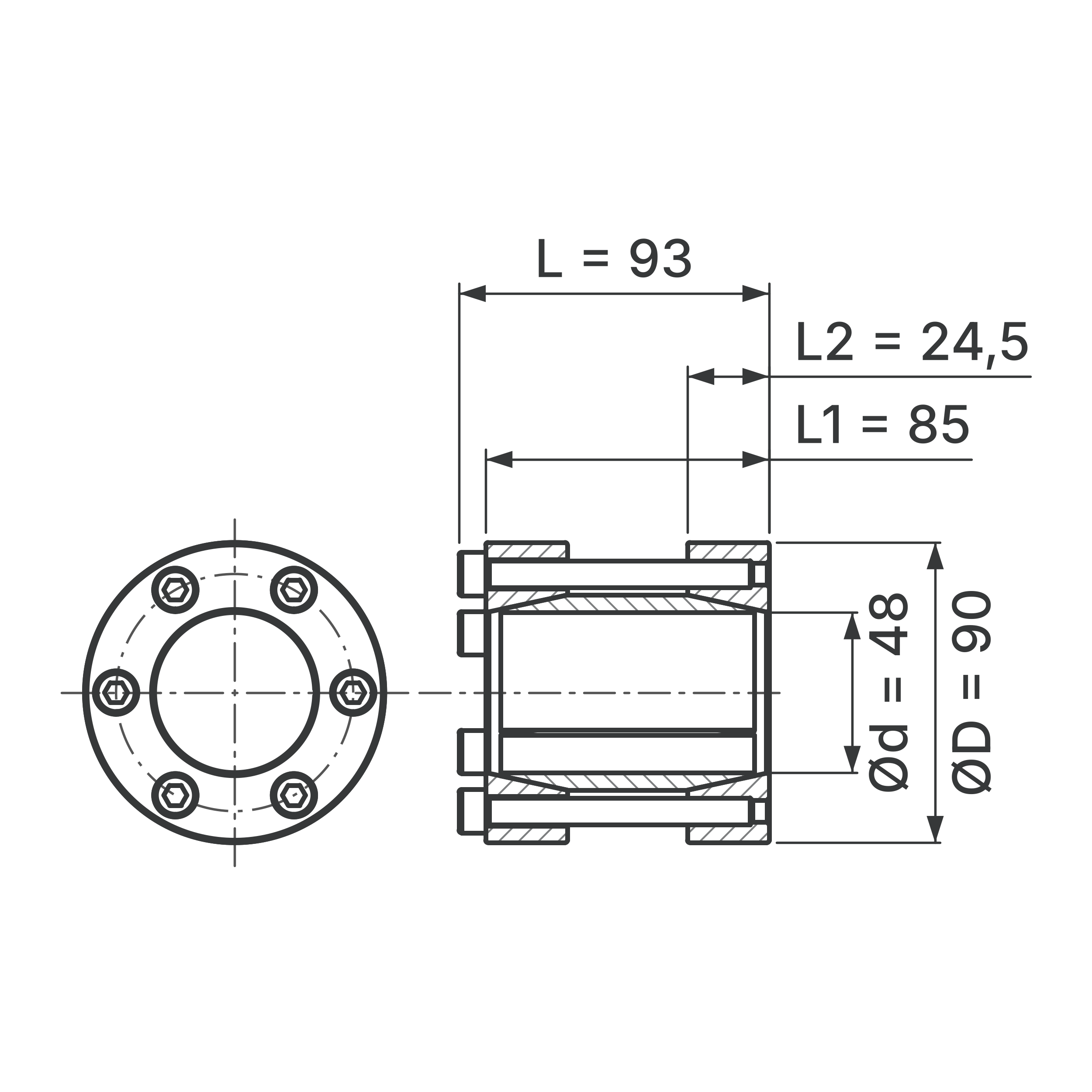Maßskizze Starre Wellenkupplung STW72-48x90: Wellen-Ø d (beide Wellen), Außen-Ø D, L, L1, L2 in mm, schematisch