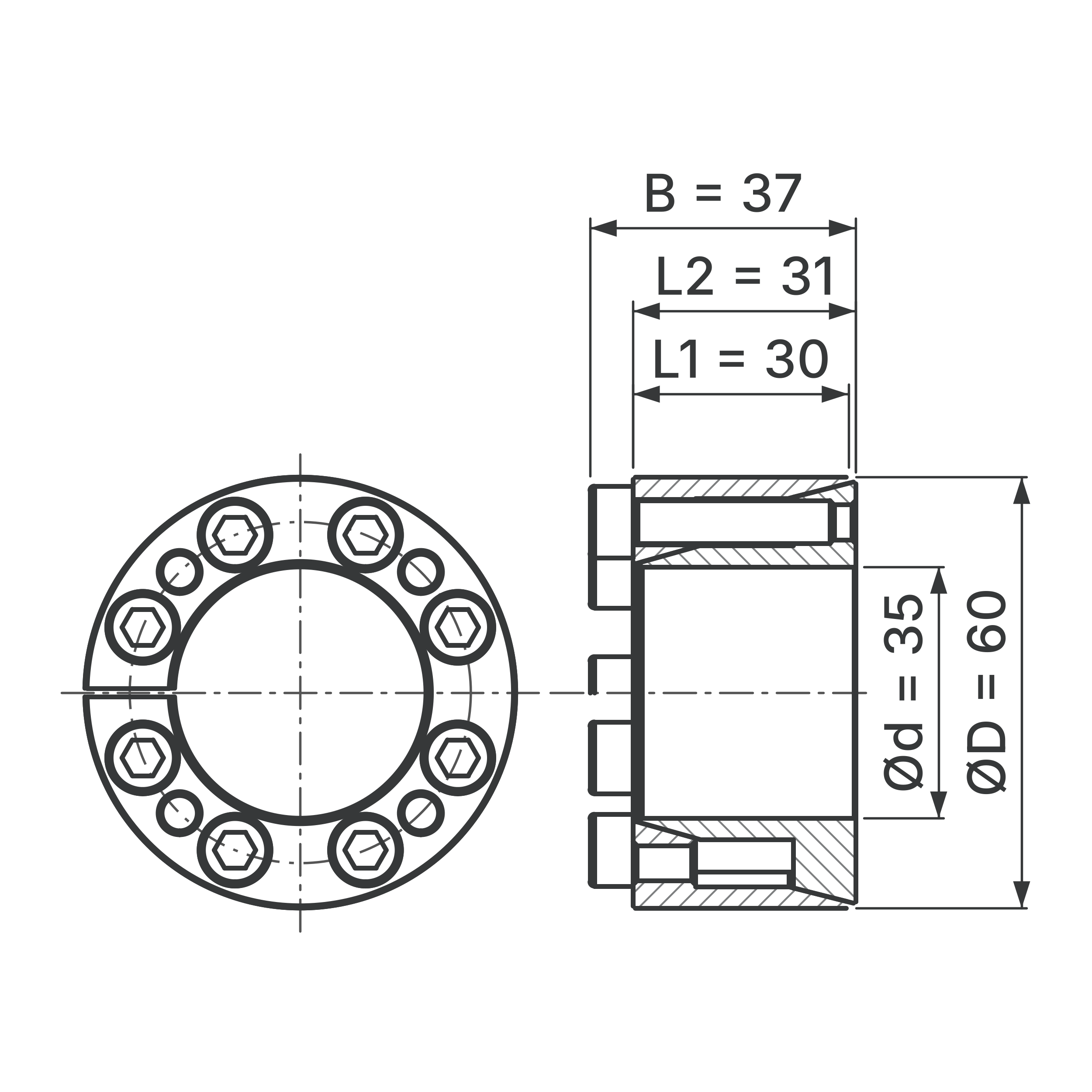 Maßskizze Spannsatz STW71-35x60: Wellen-Ø d, Außen-Ø D, L1, L2, B in mm, schematisch