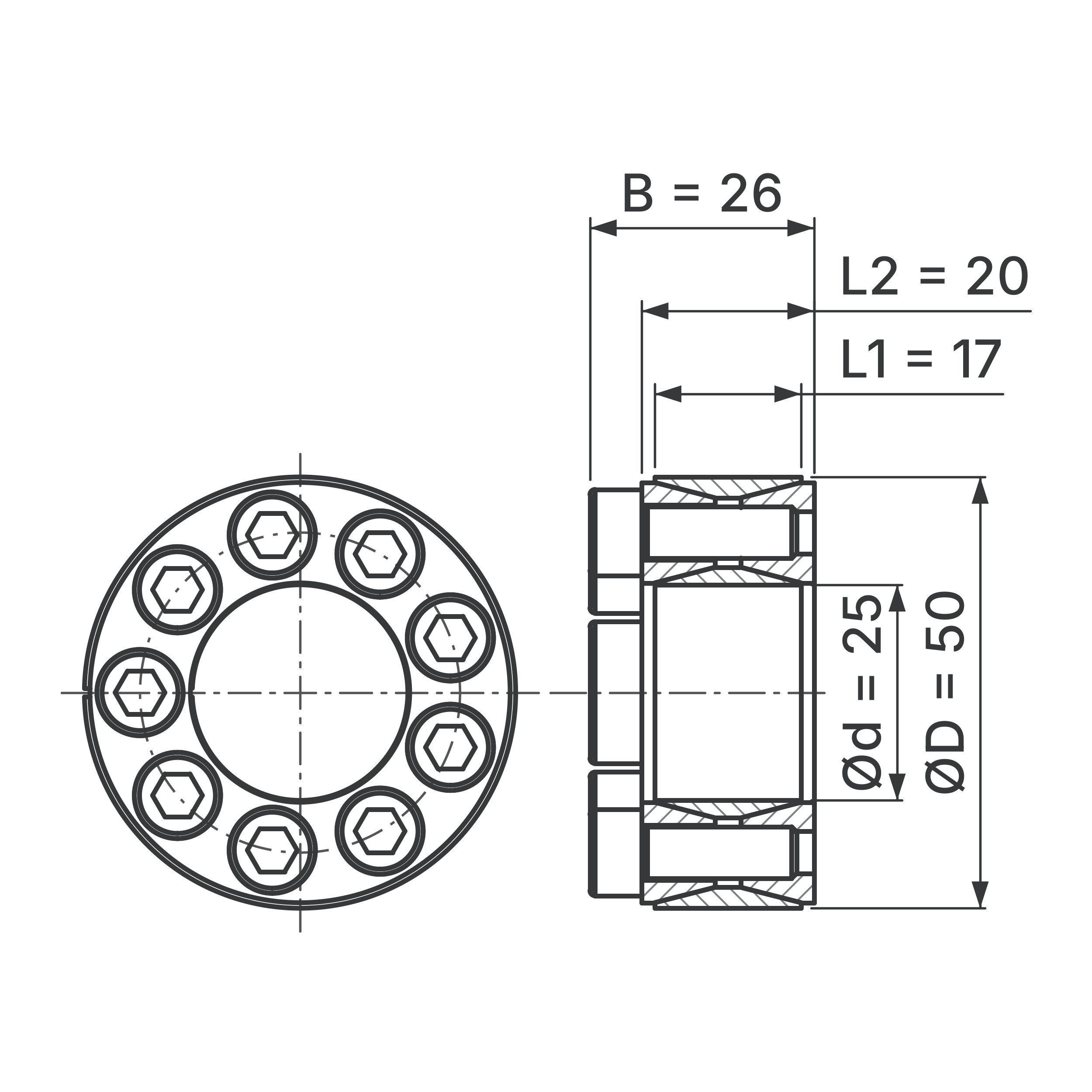 Maßskizze Spannsatz STW60SS-25x50 Edelstahl: Wellen-Ø d, Außen-Ø D, L1, L2, B in mm, schematisch