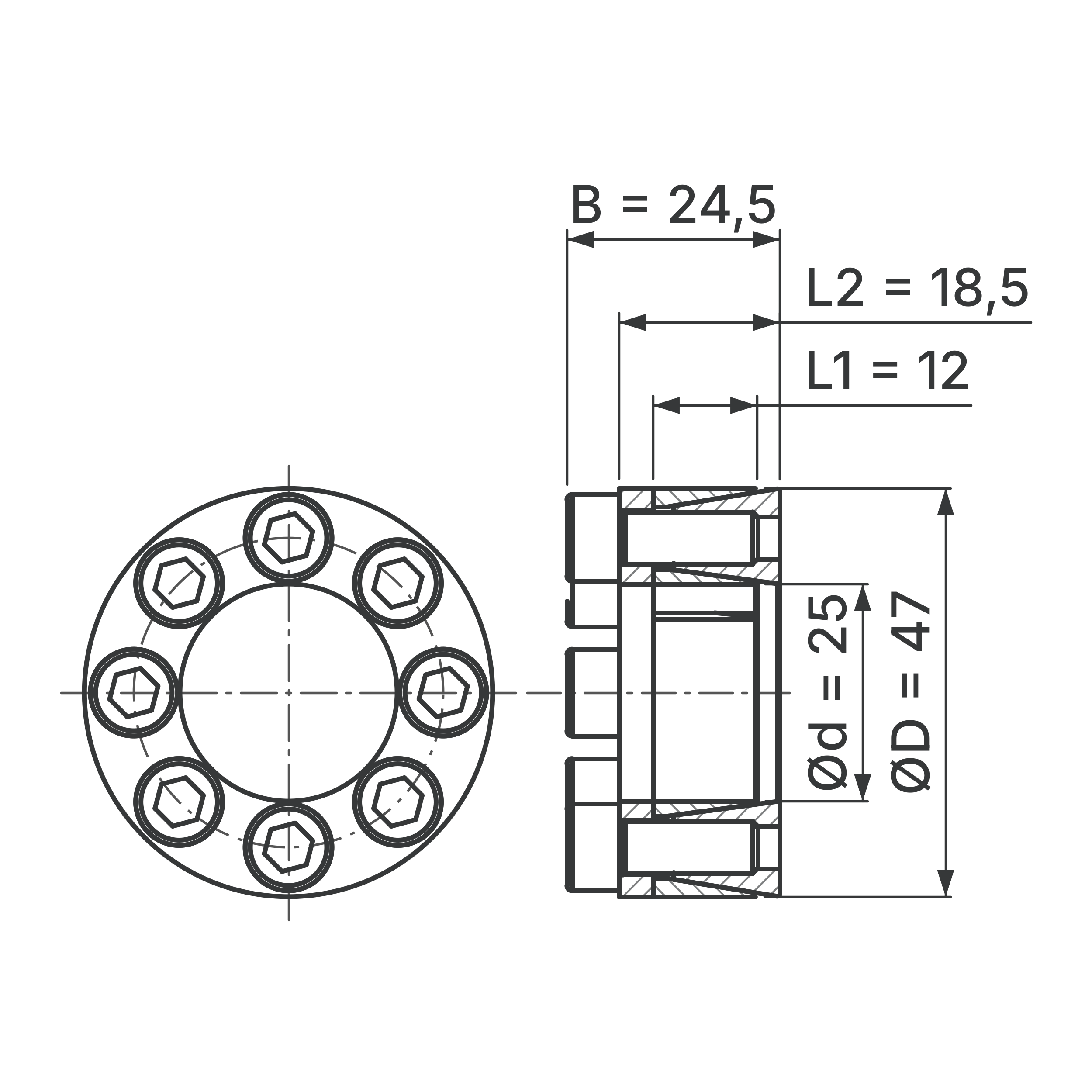 Maßskizze Spannsatz STW29-25x47: Wellen-Ø d, Außen-Ø D, L1, L2, B in mm, schematisch