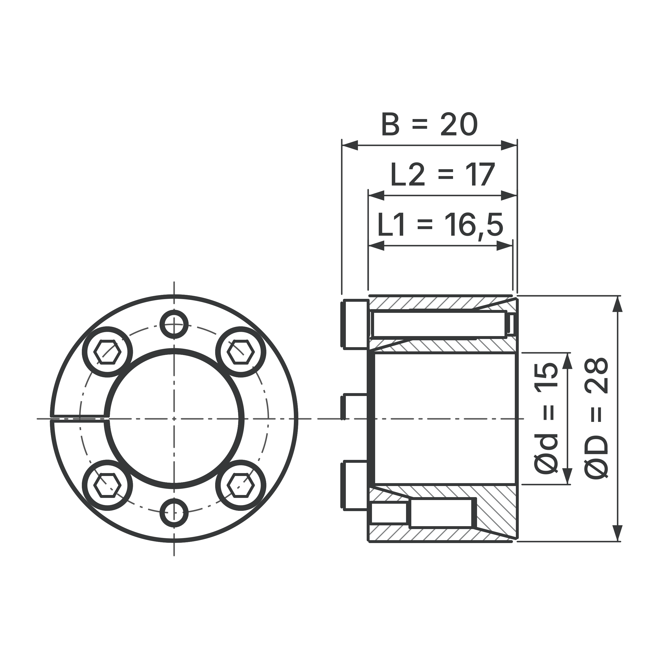 Maßskizze Spannsatz STW71-15x28: Wellen-Ø d, Außen-Ø D, L1, L2, B in mm, schematisch