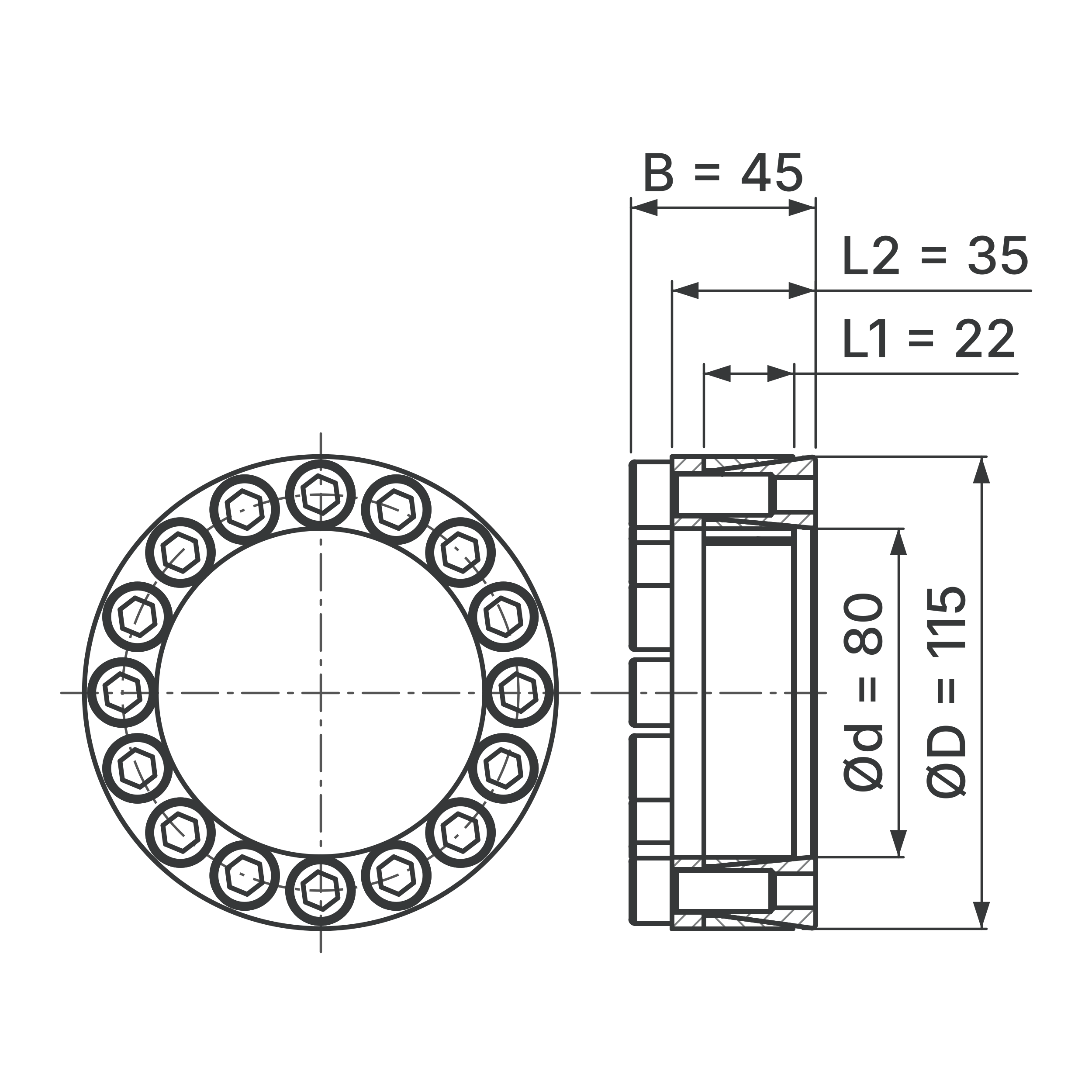 Maßskizze Spannsatz STW29-80x115: Wellen-Ø d, Außen-Ø D, L1, L2, B in mm, schematisch