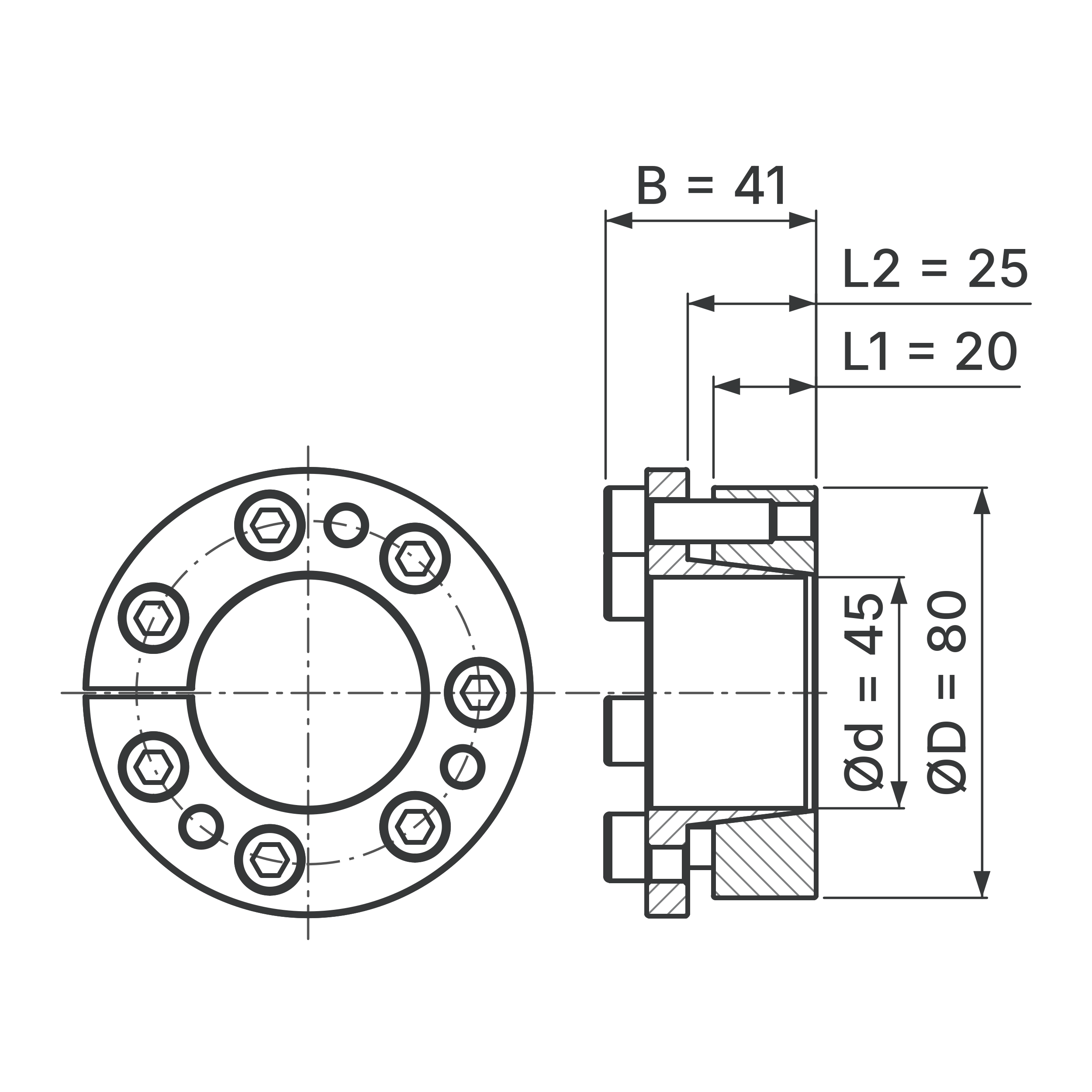 Maßskizze Spannsatz STW31-45x80: Wellen-Ø d, Außen-Ø D, L1, L2, B in mm, schematisch