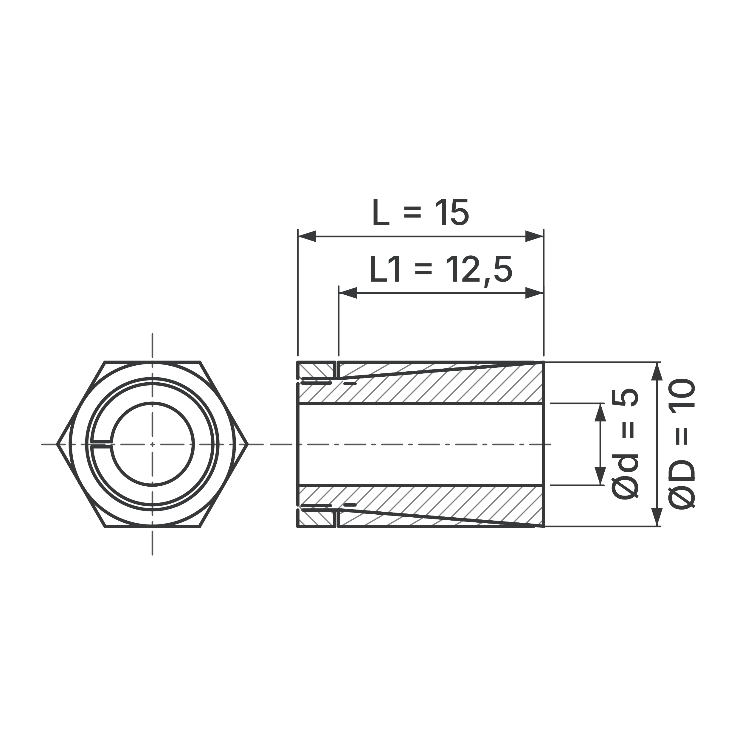 Maßskizze Spannsatz STW64SS-5x10 Edelstahl: Wellen-Ø d, Außen-Ø D, L1, L in mm, schematisch