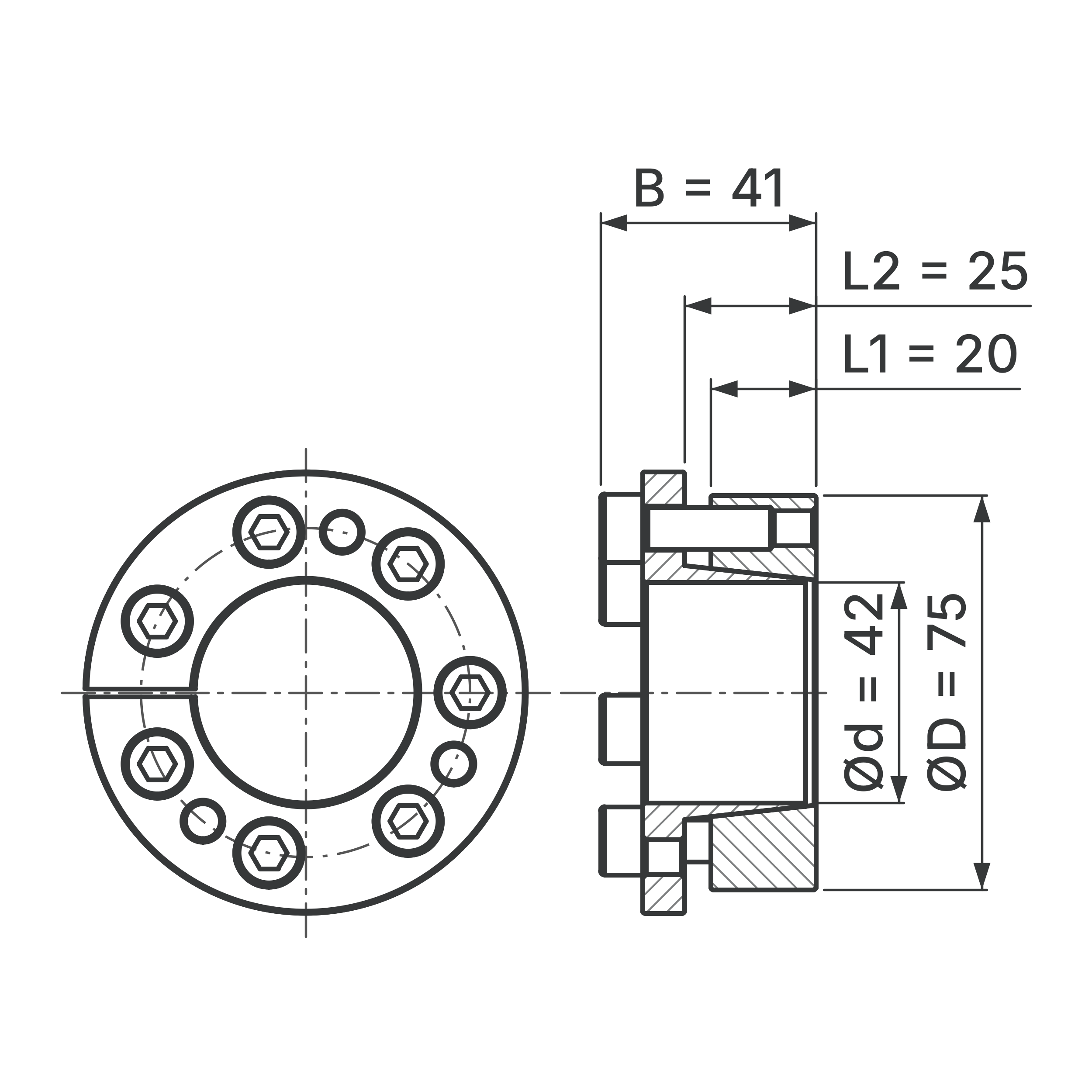 Maßskizze Spannsatz STW77-42x75: Wellen-Ø d, Außen-Ø D, L1, L2, B in mm, schematisch