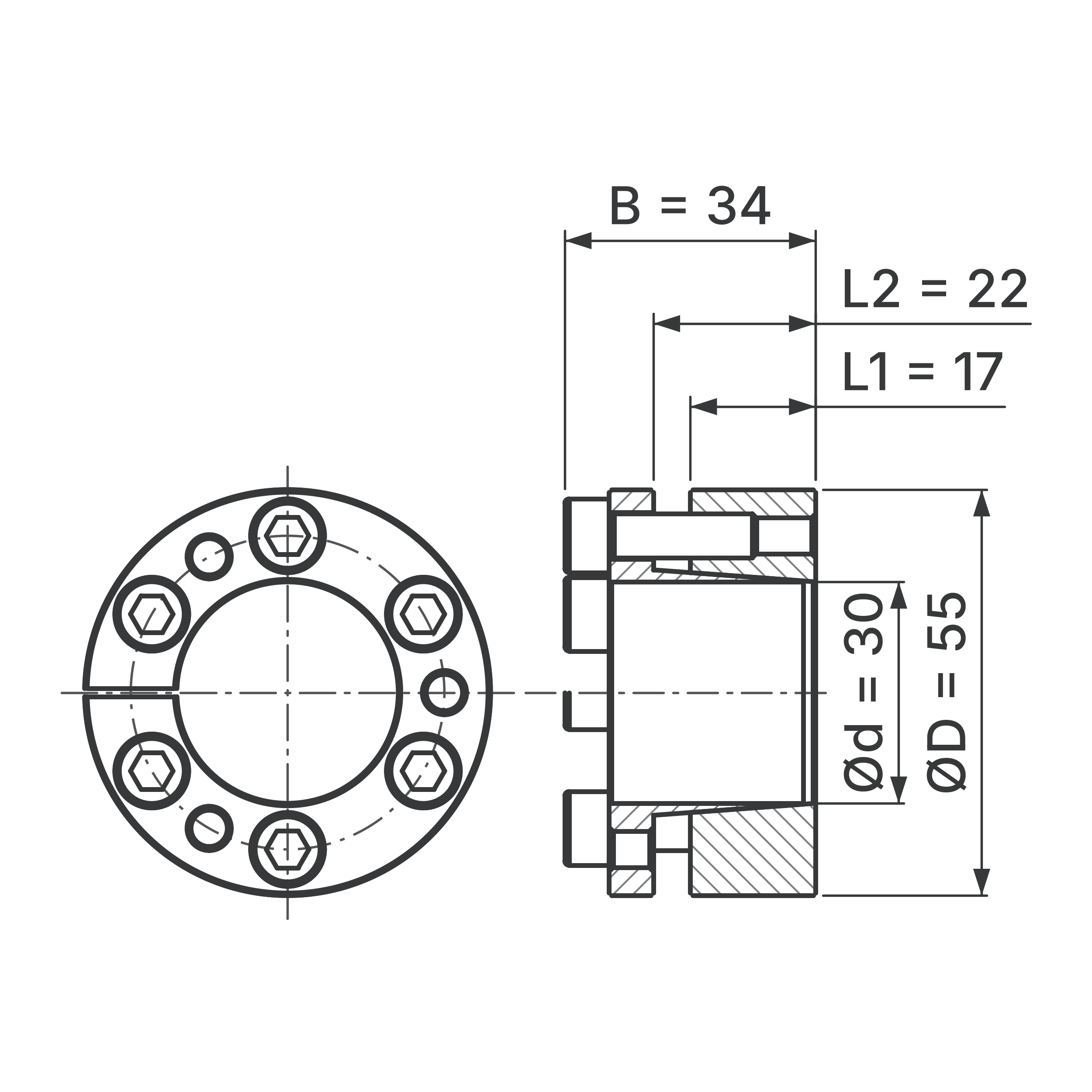 Maßskizze Spannsatz STW98-30x55: Wellen-Ø d, Außen-Ø D, L1, L2, B in mm, schematisch