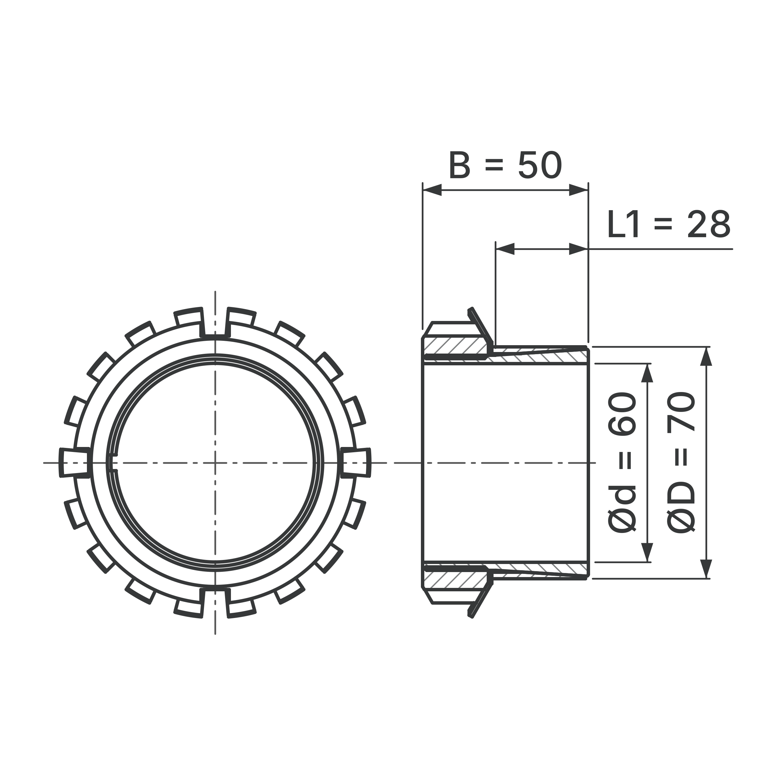 Maßskizze Spannsatz STW76-60x70: Wellen-Ø d, Außen-Ø D, L1, B in mm, schematisch