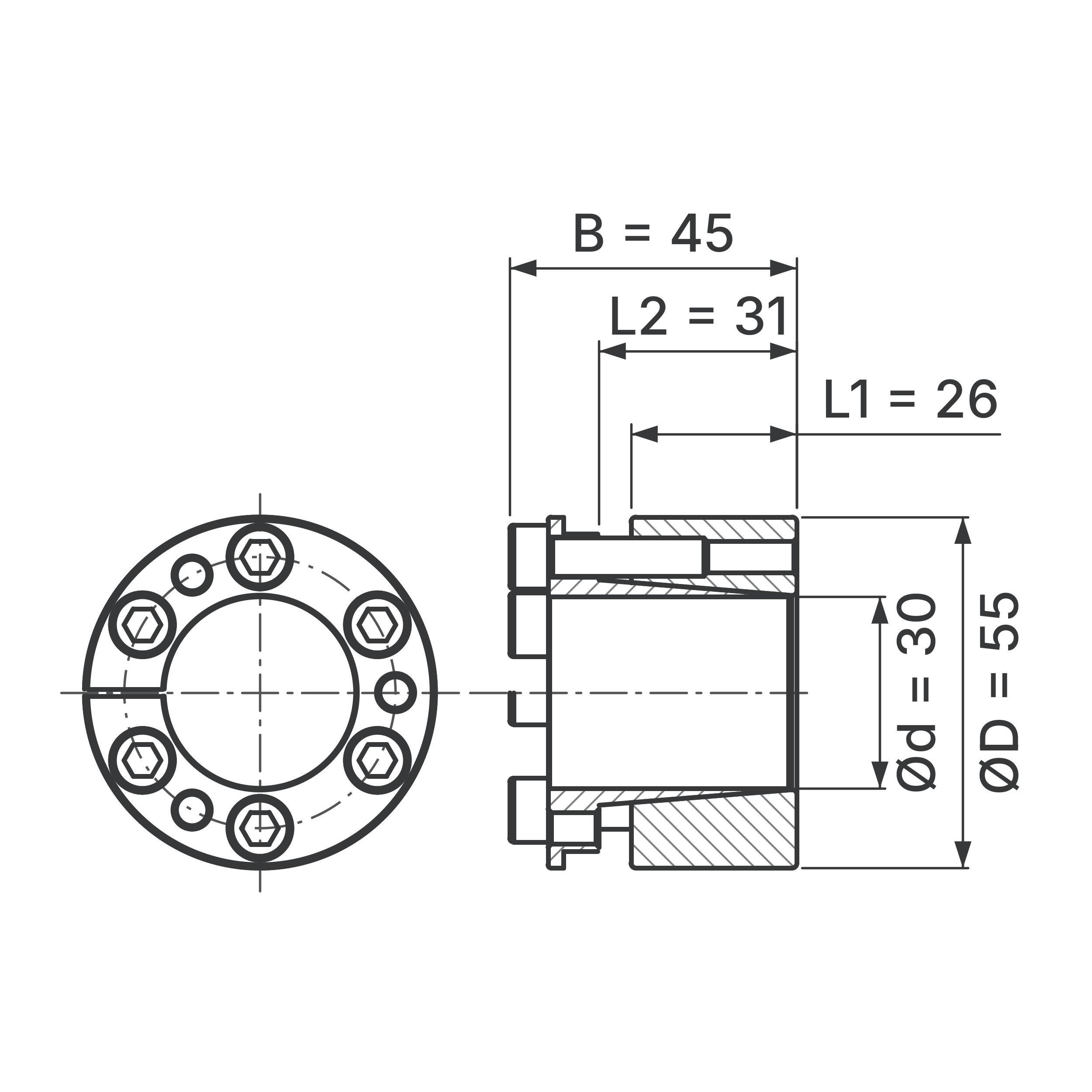 Maßskizze Spannsatz STW26-30x55: Wellen-Ø d, Außen-Ø D, L1, L2, B in mm, schematisch