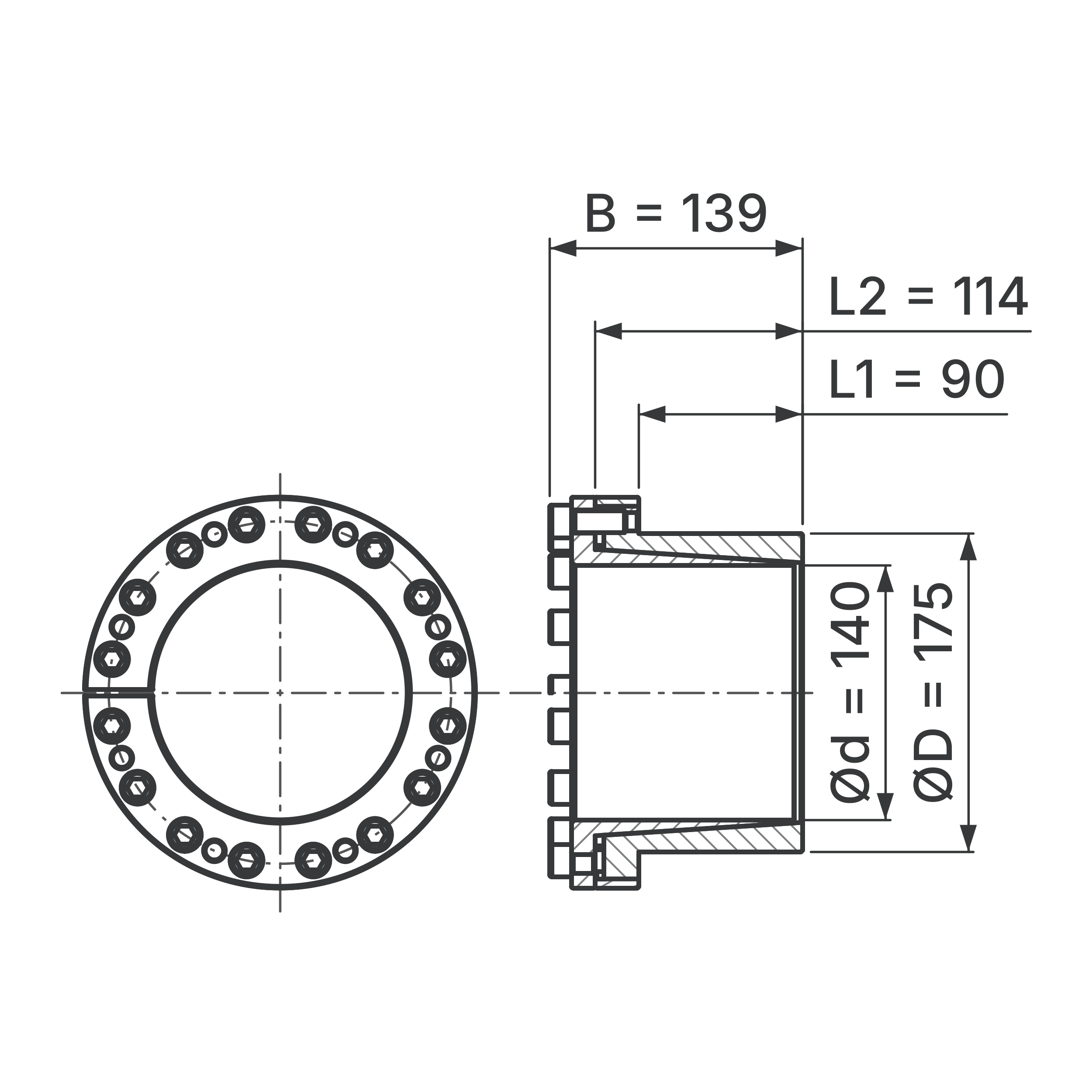 Maßskizze Spannsatz STW27-140x175: Wellen-Ø d, Außen-Ø D, L1, L2, B in mm, schematisch