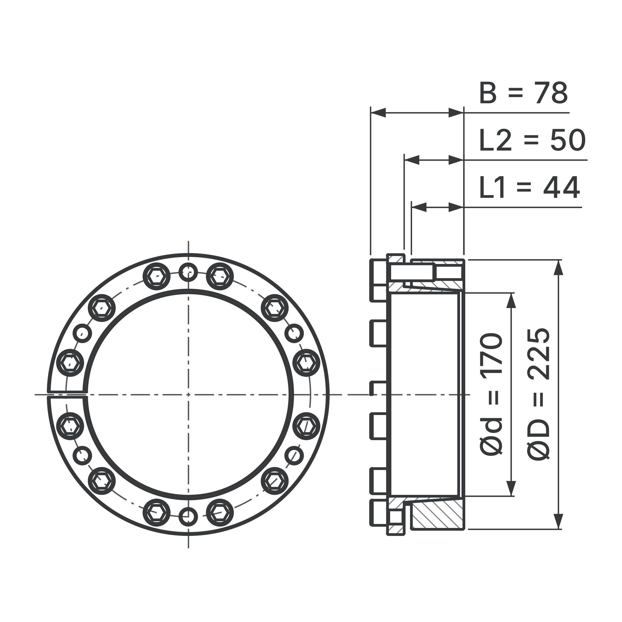 Maßskizze Spannsatz STW77-170x225: Wellen-Ø d, Außen-Ø D, L1, L2, B in mm, schematisch