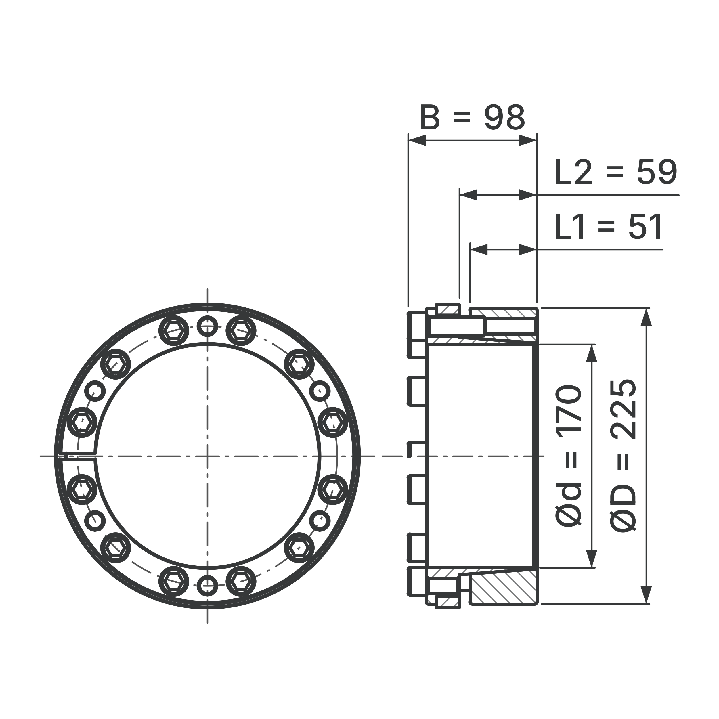 Maßskizze Spannsatz STW73-170x225: Wellen-Ø d, Außen-Ø D, L1, L2, B in mm, schematisch
